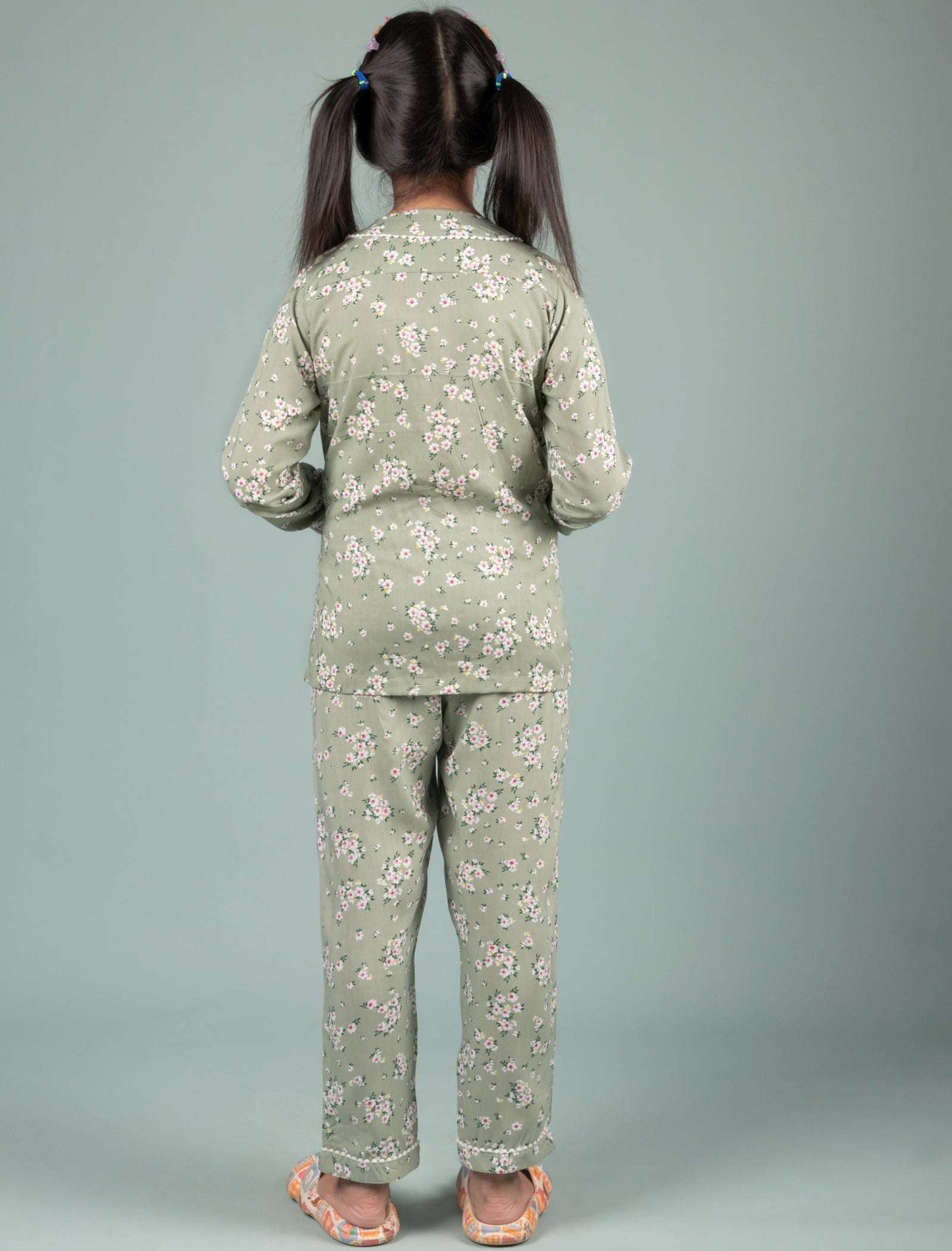 Pure Rayon Floral Nightsuit for Girls Kids (Full Sleeves, Green) - Tweeny Mini