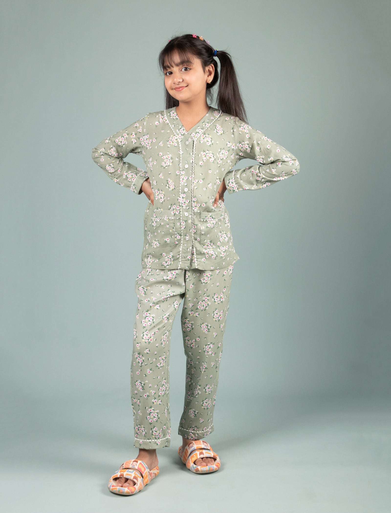 Pure Rayon Floral Nightsuit for Girls Kids (Full Sleeves, Green) - Tweeny Mini