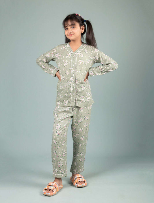 Pure Rayon Floral Nightsuit for Girls Kids (Full Sleeves, Green) - Tweeny Mini