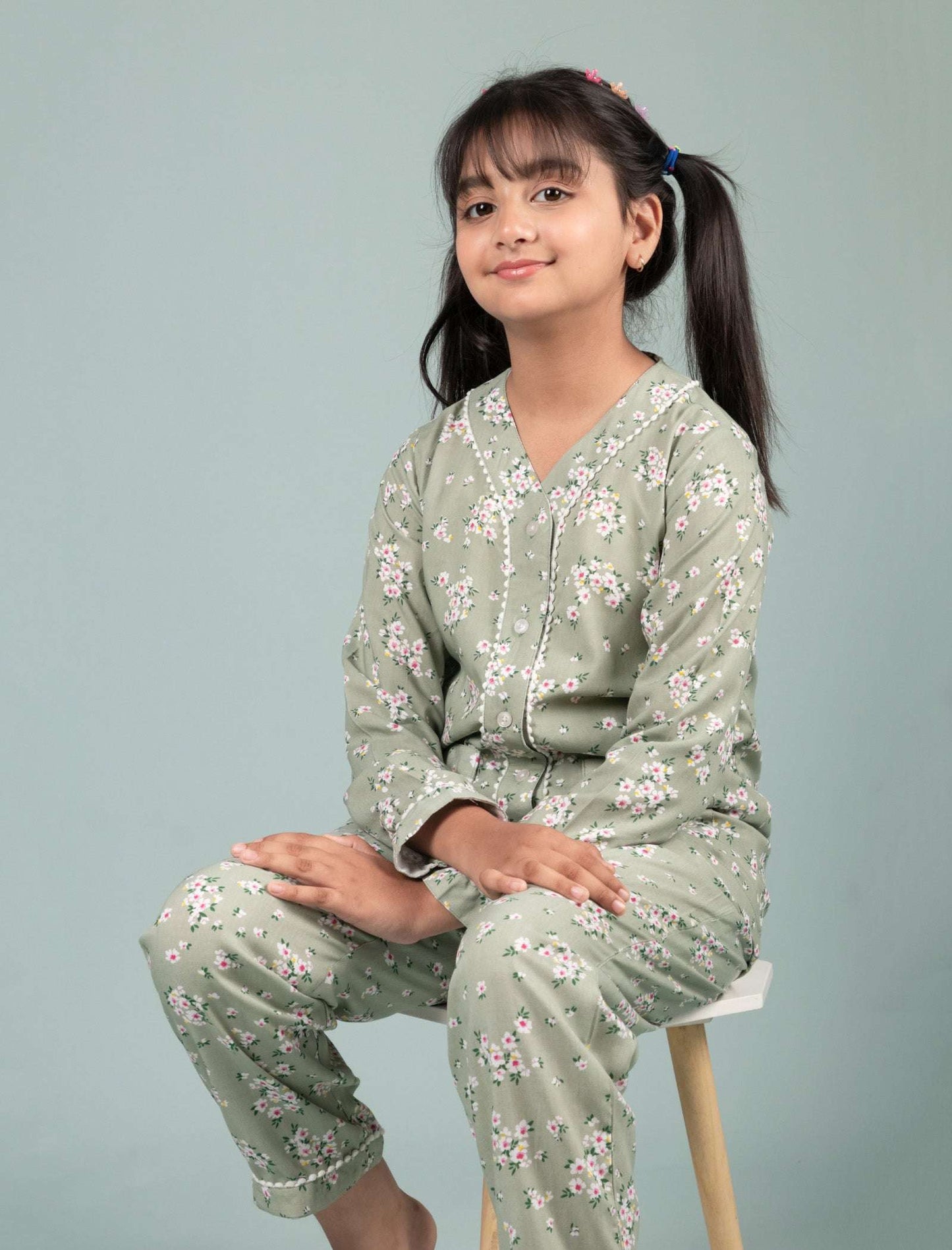 Pure Rayon Floral Nightsuit for Girls Kids (Full Sleeves, Green) - Tweeny Mini