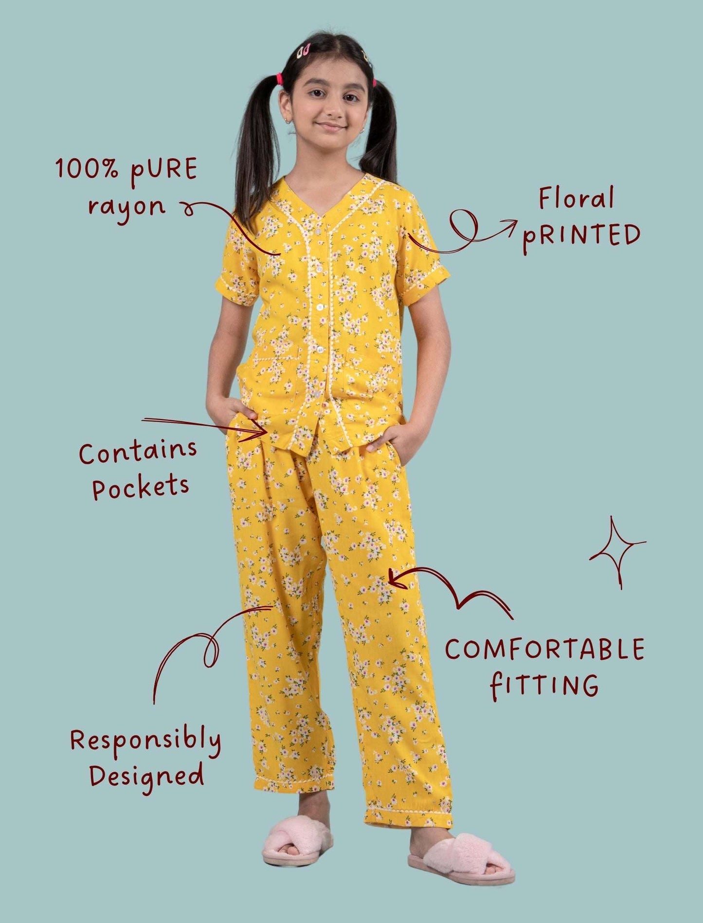 Pure Rayon Floral Nightwear for Girls Kids (Half Sleeve, Yellow) - Tweeny Mini