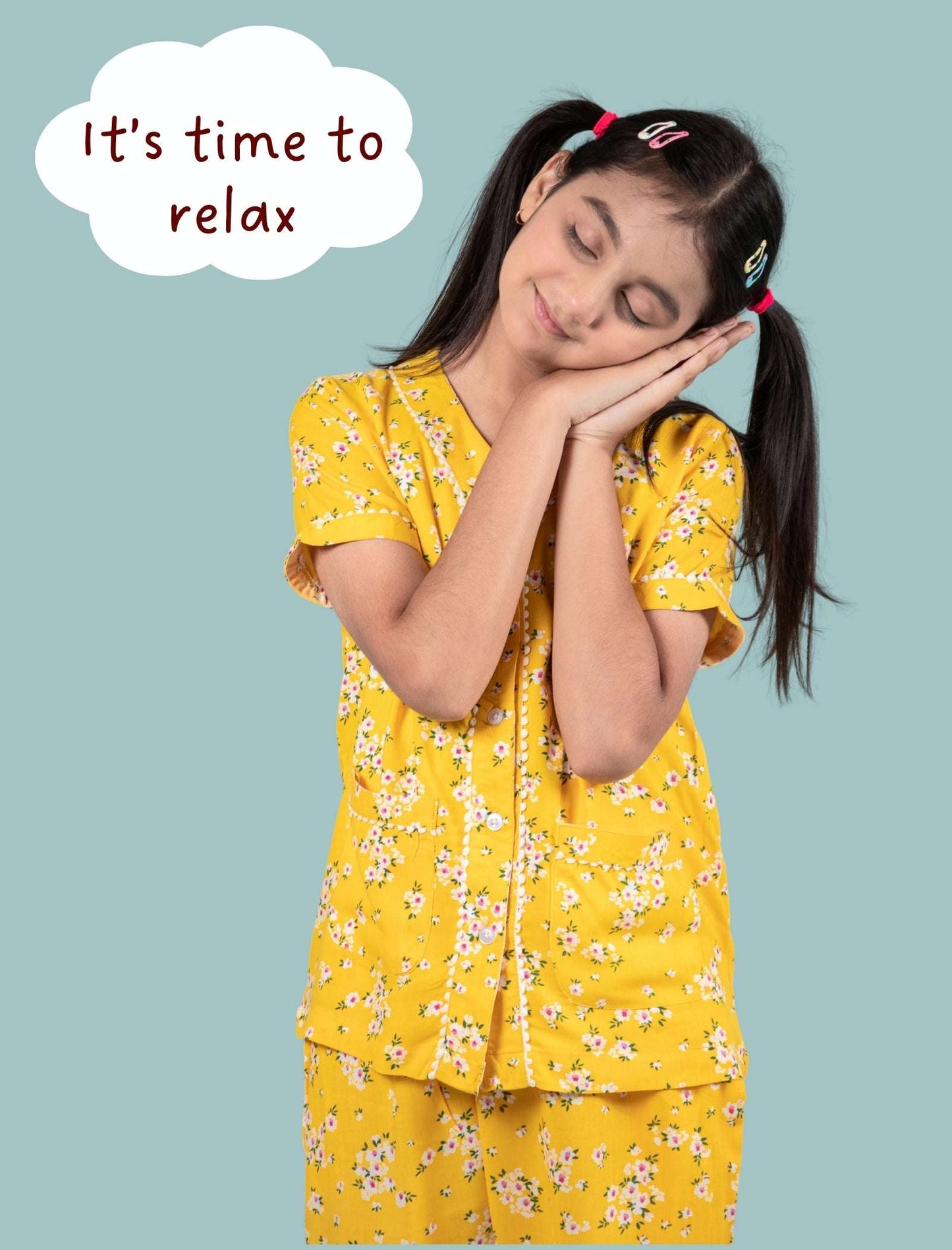 Pure Rayon Floral Nightwear for Girls Kids (Half Sleeve, Yellow) - Tweeny Mini