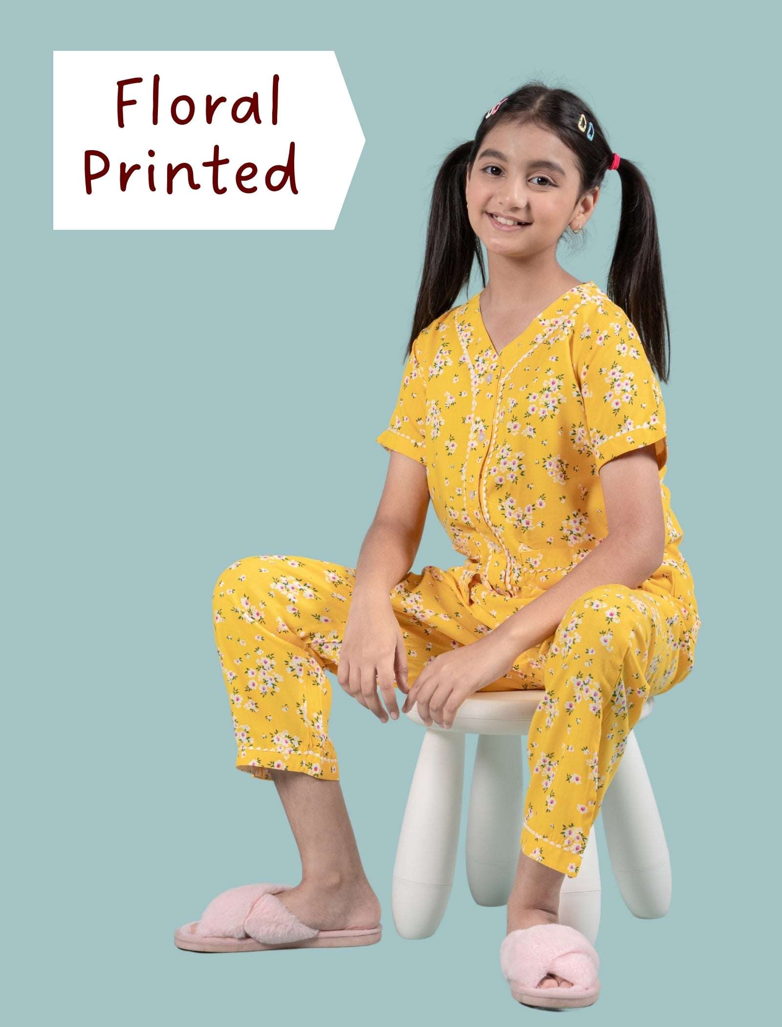 Pure Rayon Floral Nightwear for Girls Kids (Half Sleeve, Yellow) - Tweeny Mini