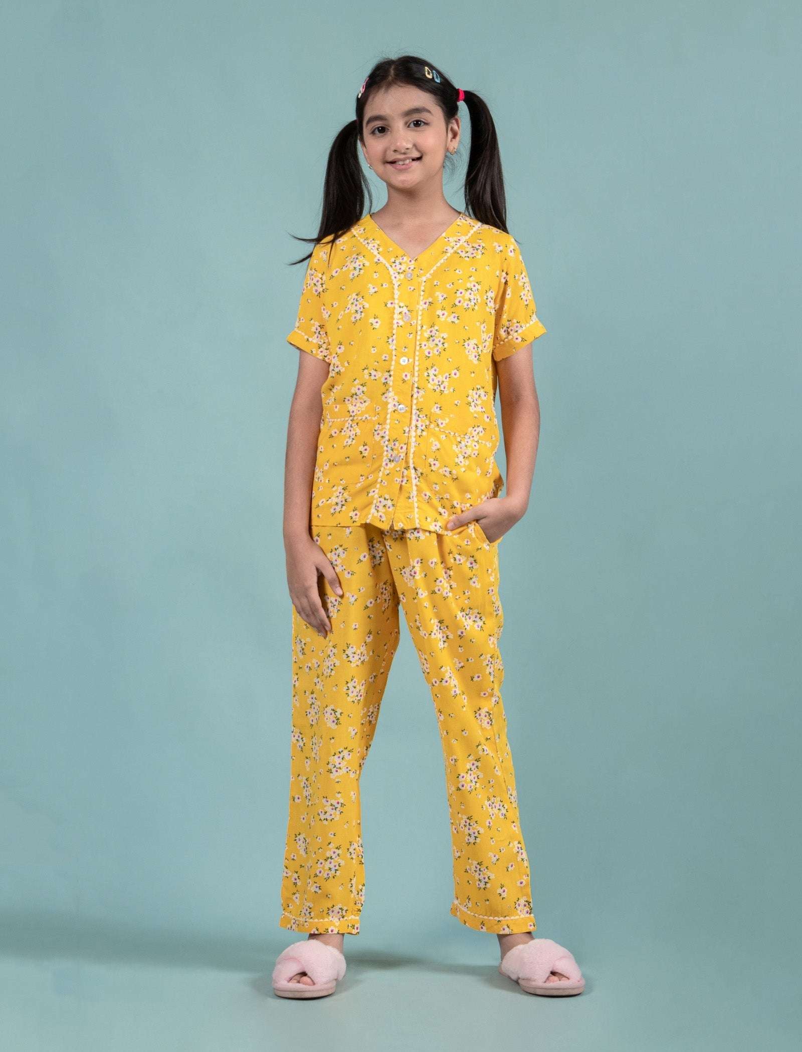 Pure Rayon Floral Nightwear for Girls Kids (Half Sleeve, Yellow) - Tweeny Mini
