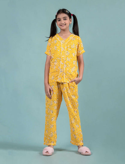 Pure Rayon Floral Nightwear for Girls Kids (Half Sleeve, Yellow) - Tweeny Mini
