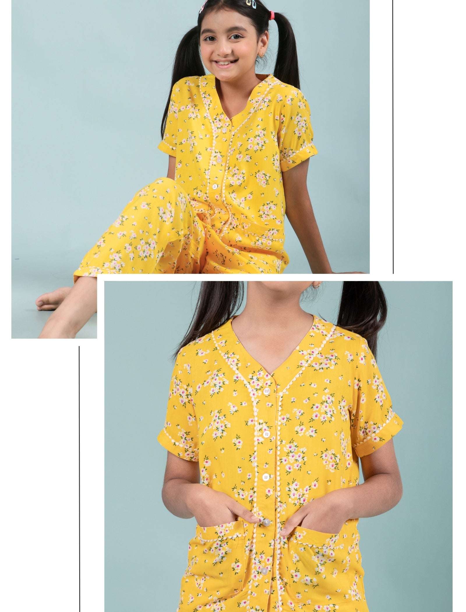 Pure Rayon Floral Nightwear for Girls Kids (Half Sleeve, Yellow) - Tweeny Mini