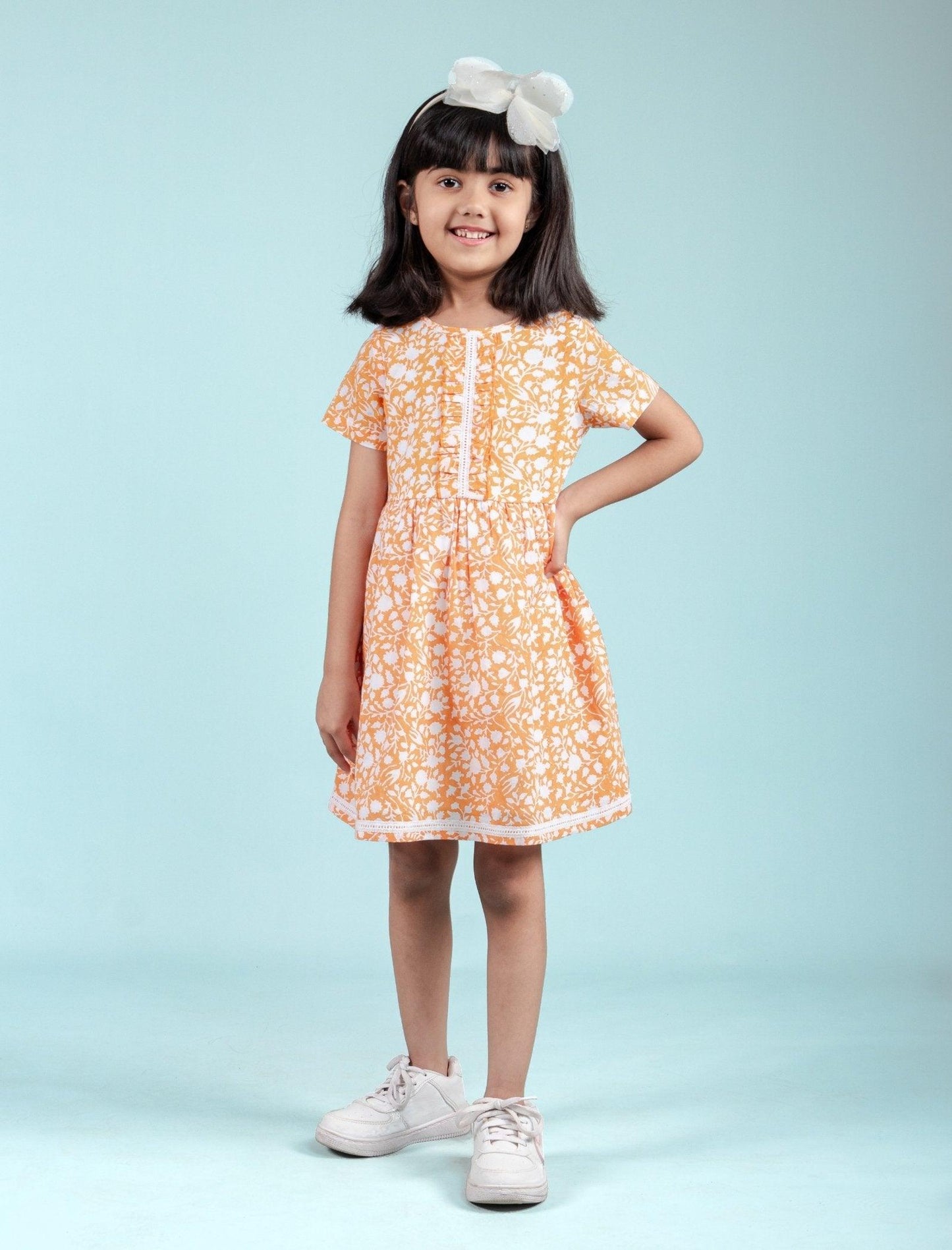 Hand Block Printed Floral Frock for Girls Kids (Orange) - Tweeny Mini