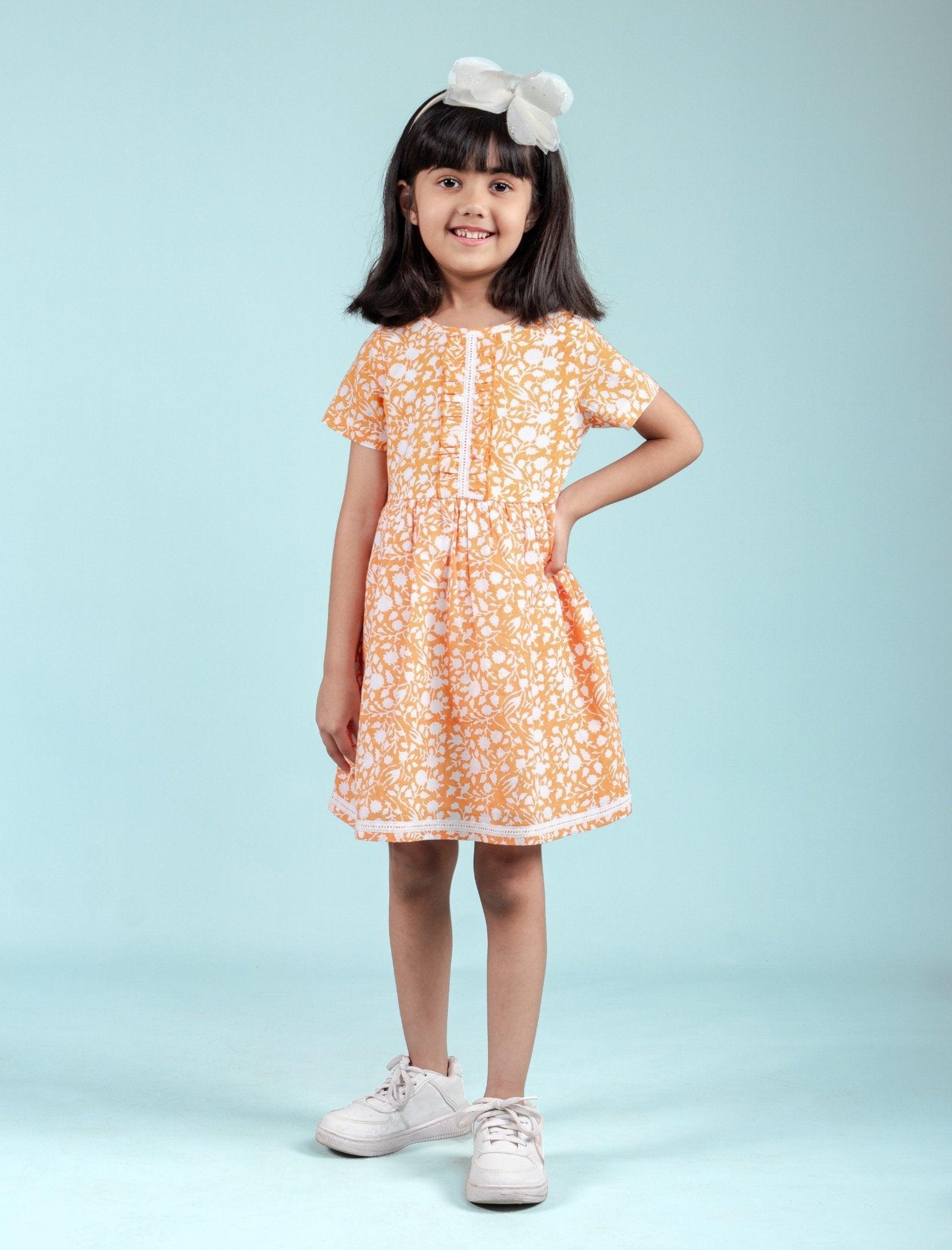 Hand Block Printed Floral Frock for Girls Kids (Orange) - Tweeny Mini