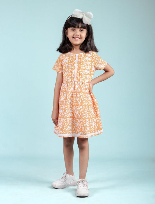 Hand Block Printed Floral Frock for Girls Kids (Orange) - Tweeny Mini
