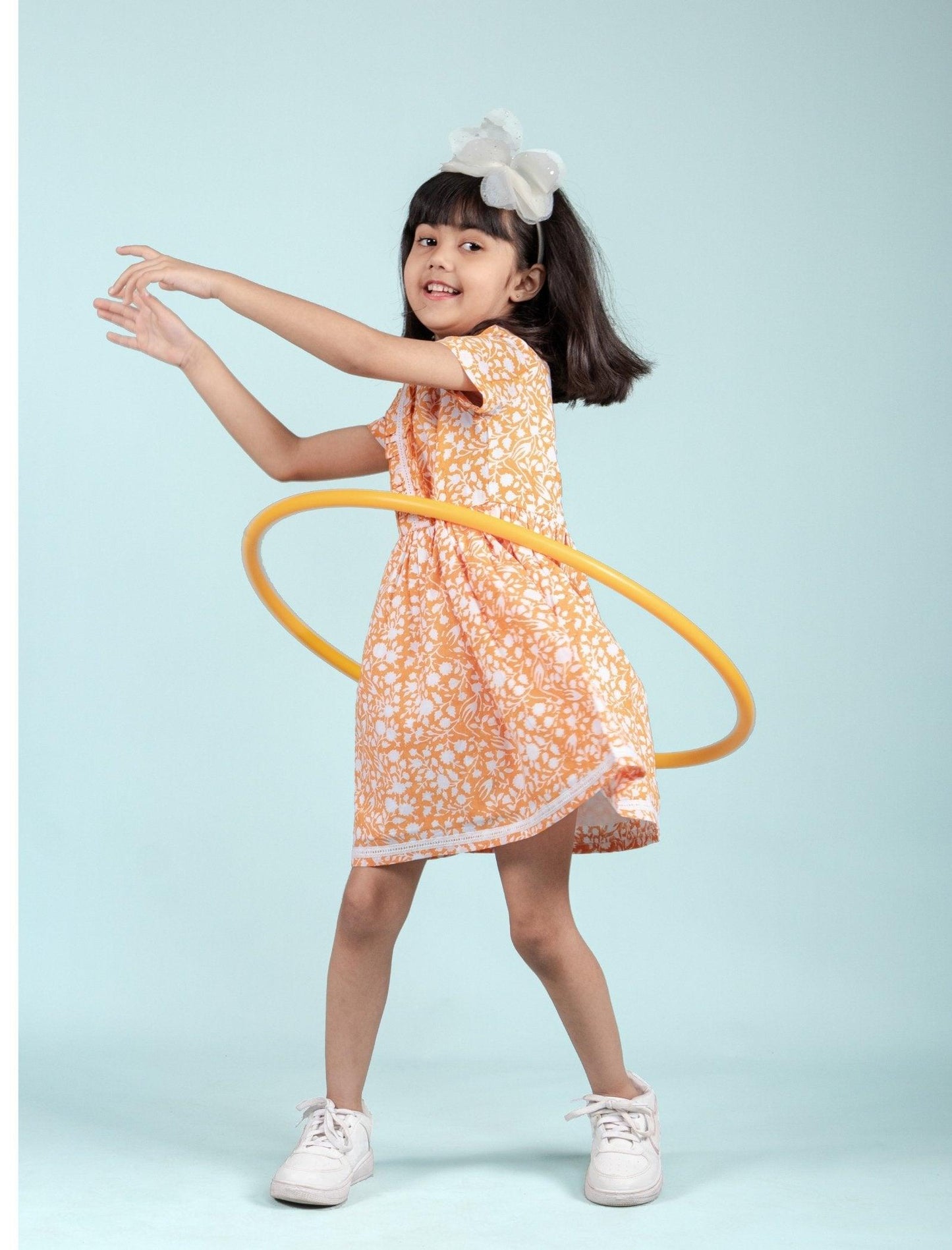 Hand Block Printed Floral Frock for Girls Kids (Orange) - Tweeny Mini