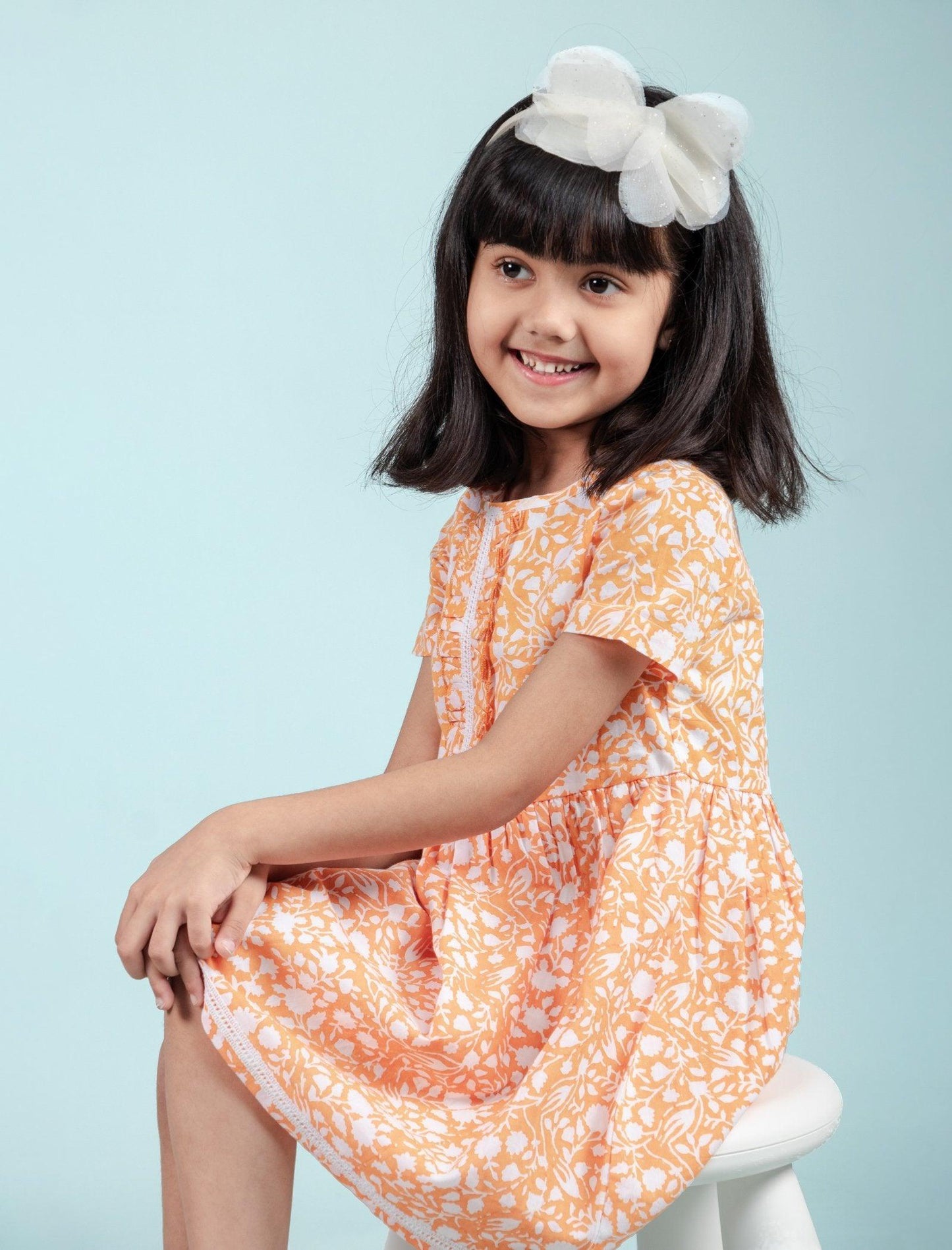 Hand Block Printed Floral Frock for Girls Kids (Orange) - Tweeny Mini