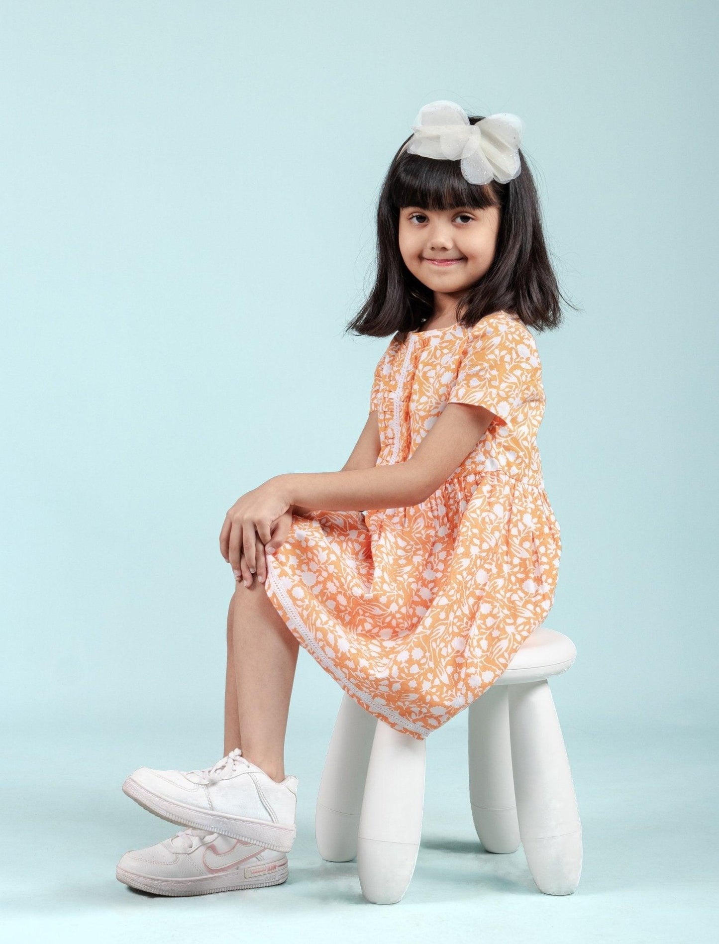Hand Block Printed Floral Frock for Girls Kids (Orange) - Tweeny Mini