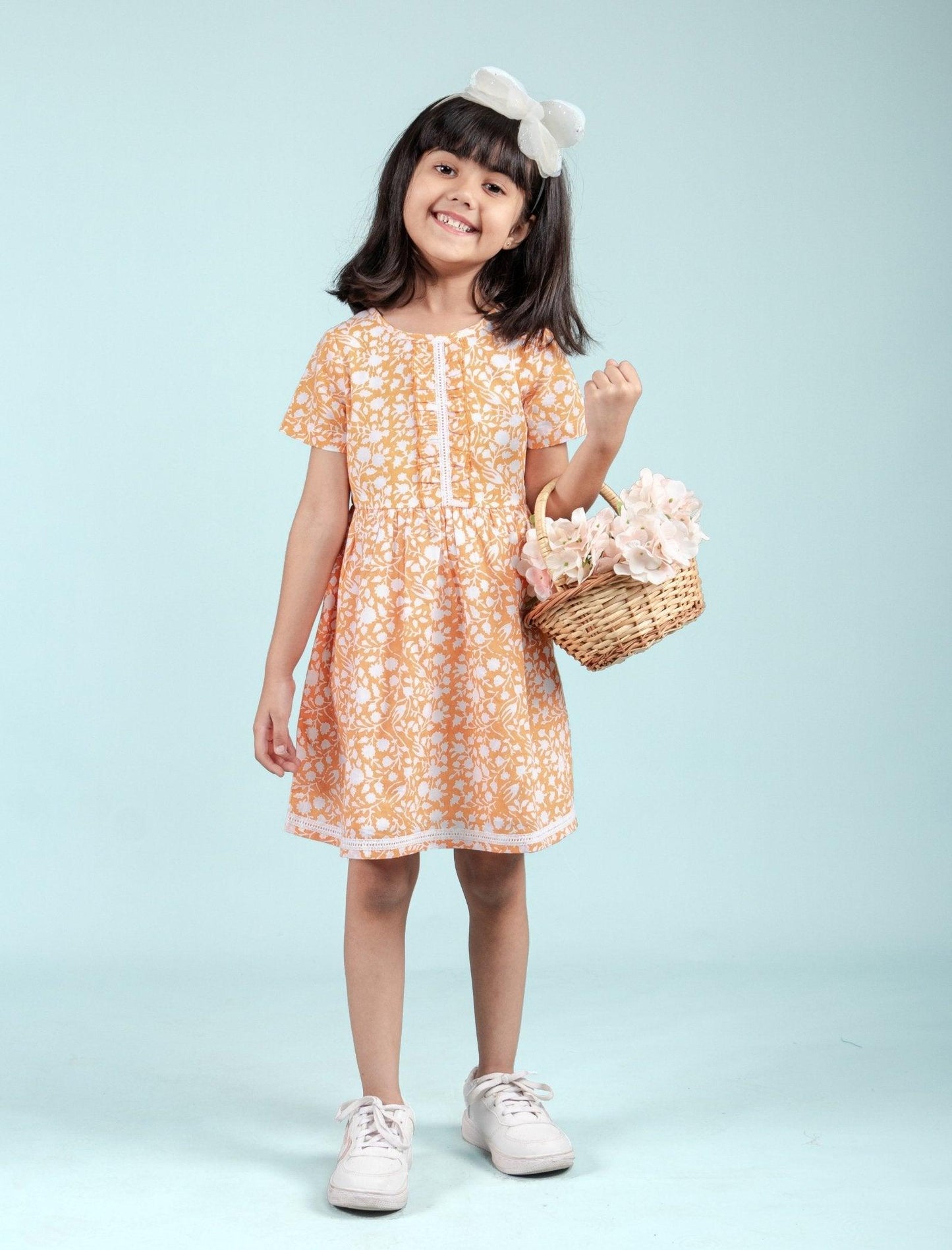 Hand Block Printed Floral Frock for Girls Kids (Orange) - Tweeny Mini