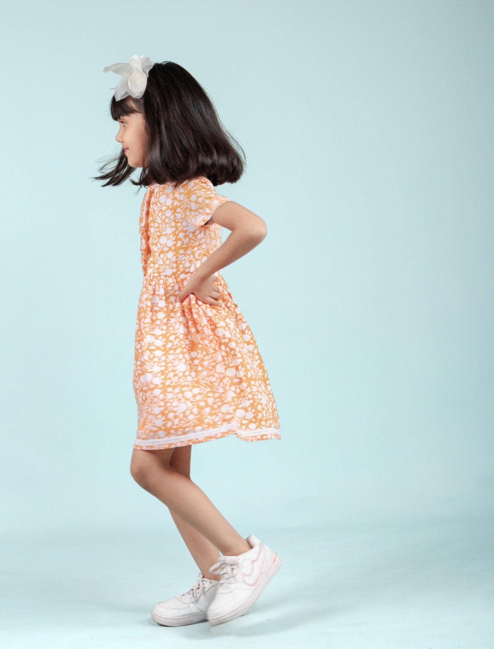 Hand Block Printed Floral Frock for Girls Kids (Orange) - Tweeny Mini