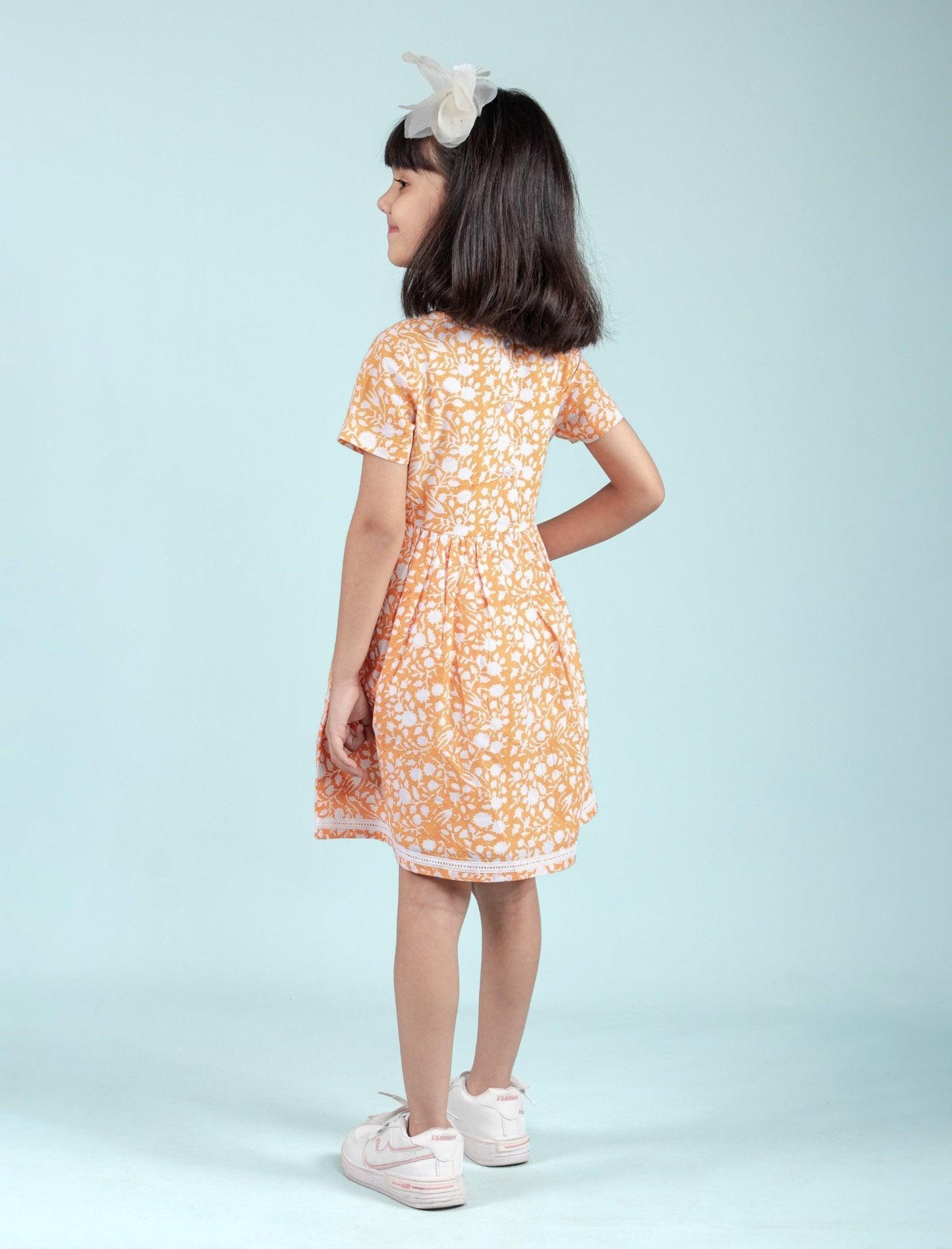 Hand Block Printed Floral Frock for Girls Kids (Orange) - Tweeny Mini