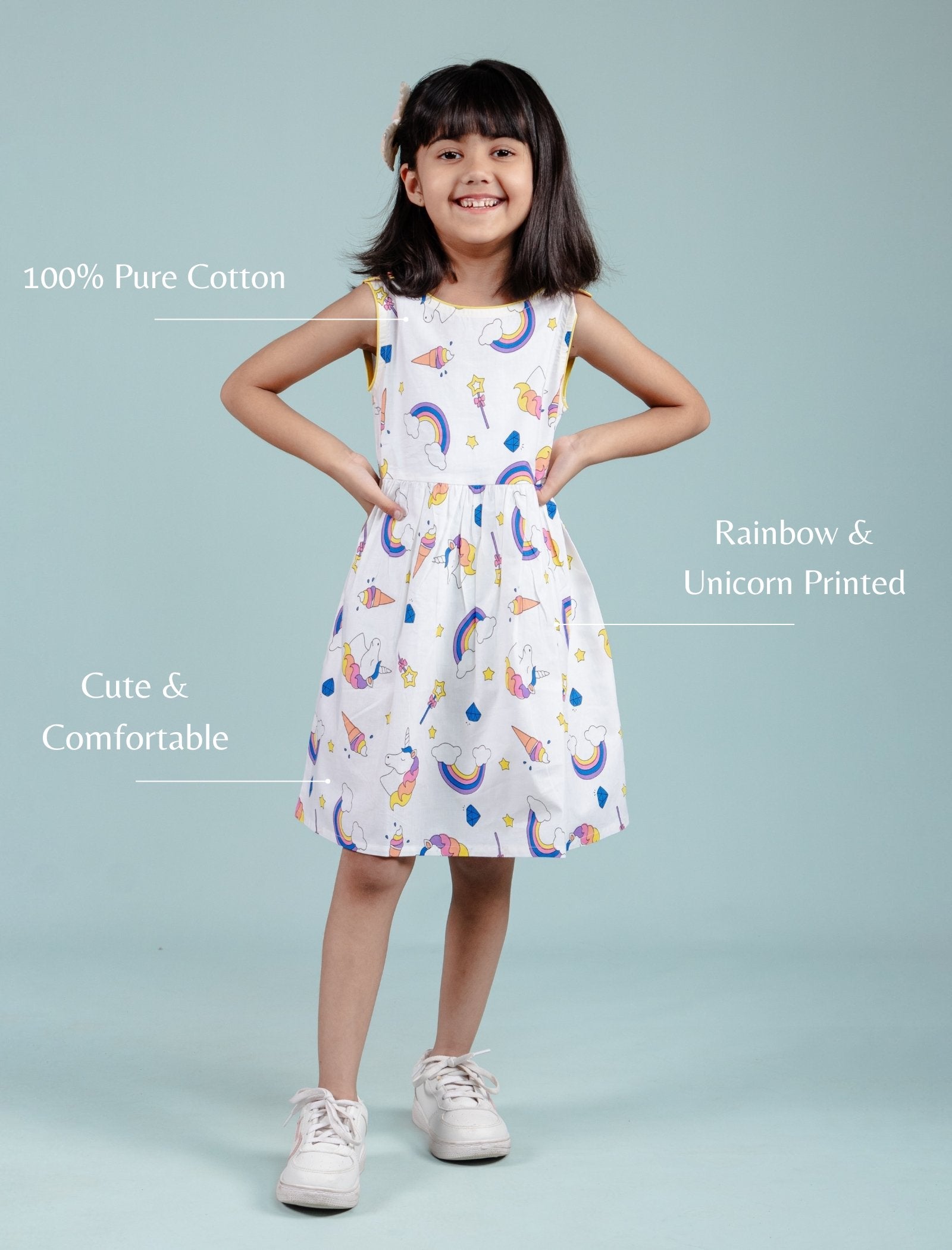Rainbow & Unicorn Printed Frock for Girls kids (White) - Tweeny Mini