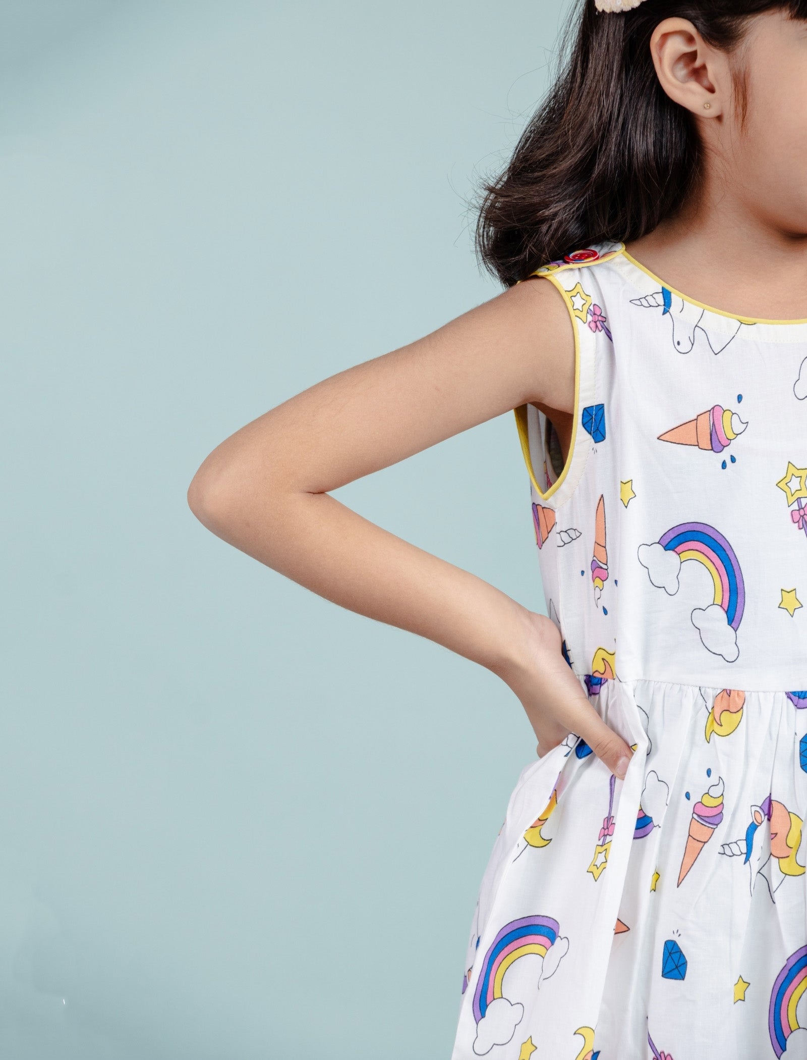 Rainbow & Unicorn Printed Frock for Girls kids (White) - Tweeny Mini