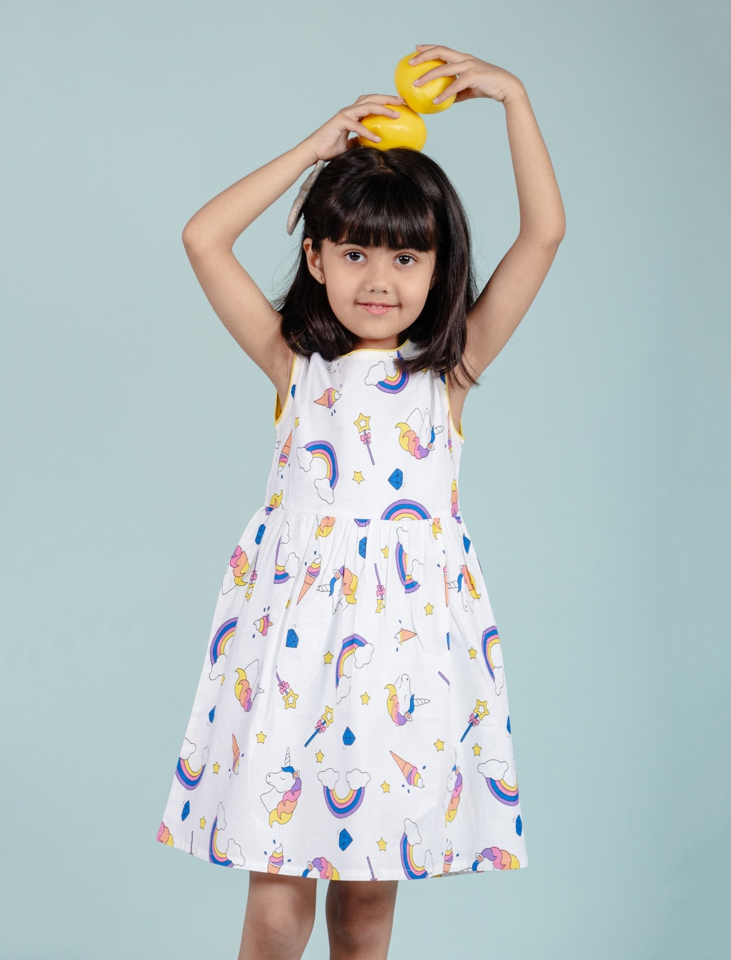 Rainbow & Unicorn Printed Frock for Girls kids (White) - Tweeny Mini