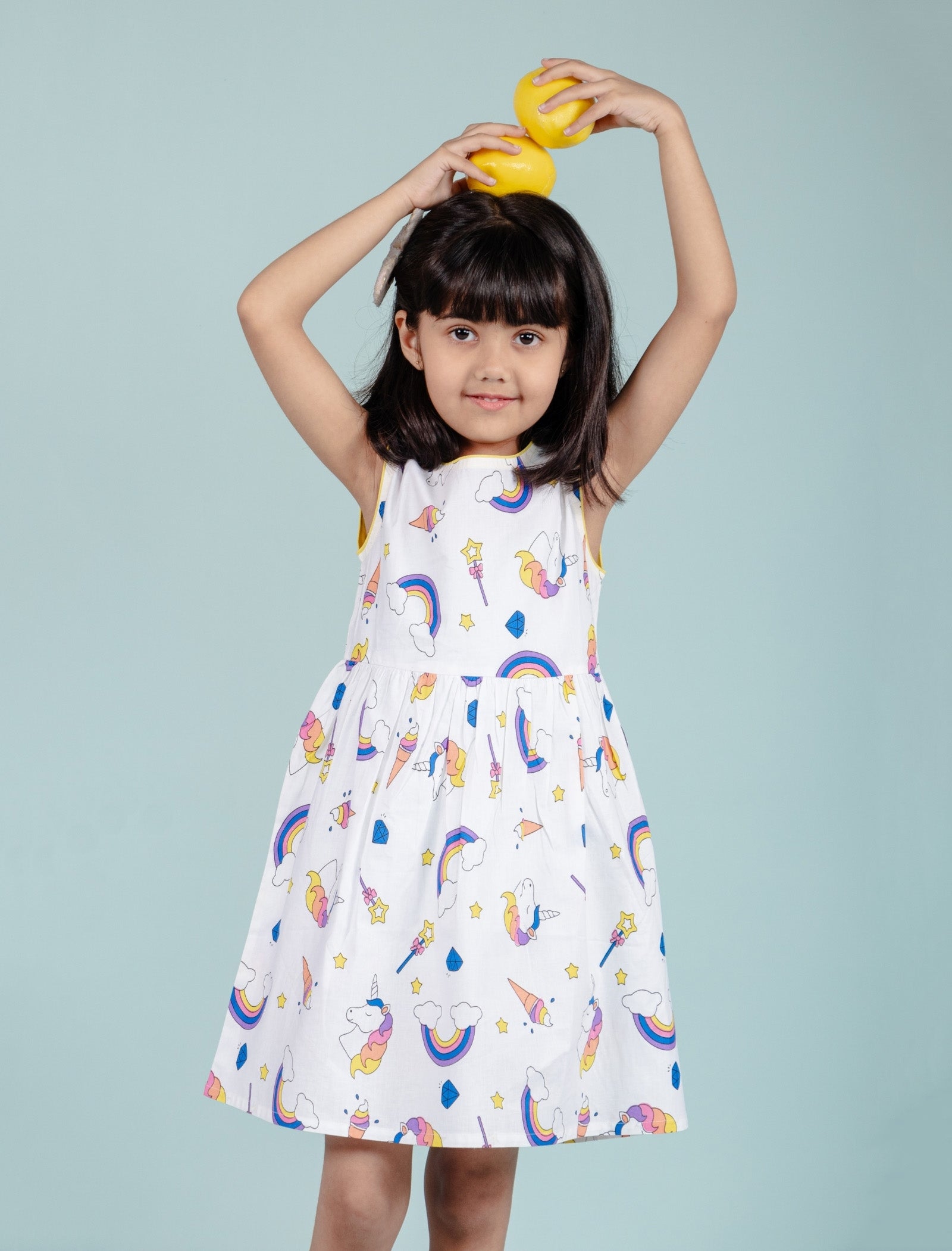Rainbow & Unicorn Printed Frock for Girls kids (White) - Tweeny Mini