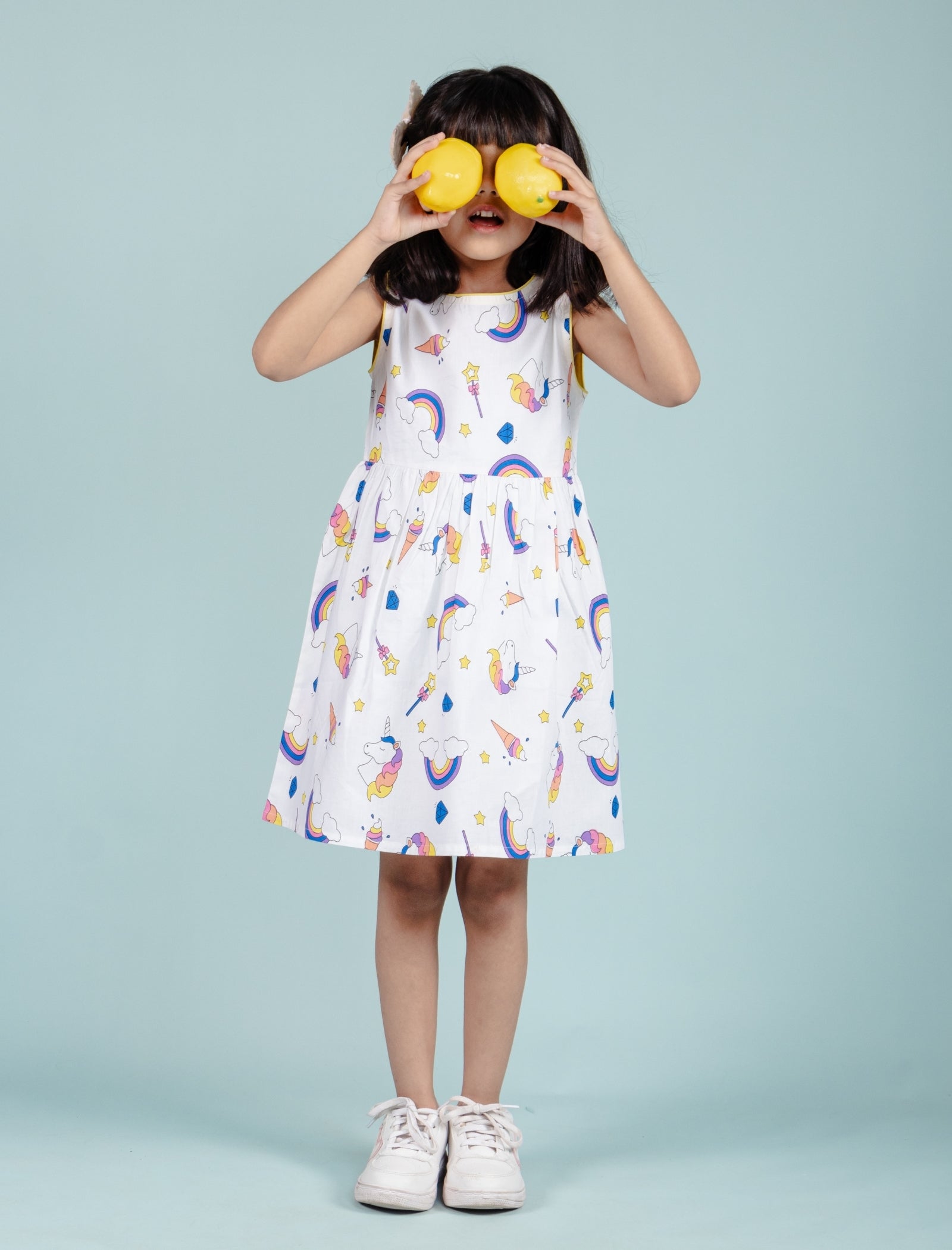 Rainbow & Unicorn Printed Frock for Girls kids (White) - Tweeny Mini