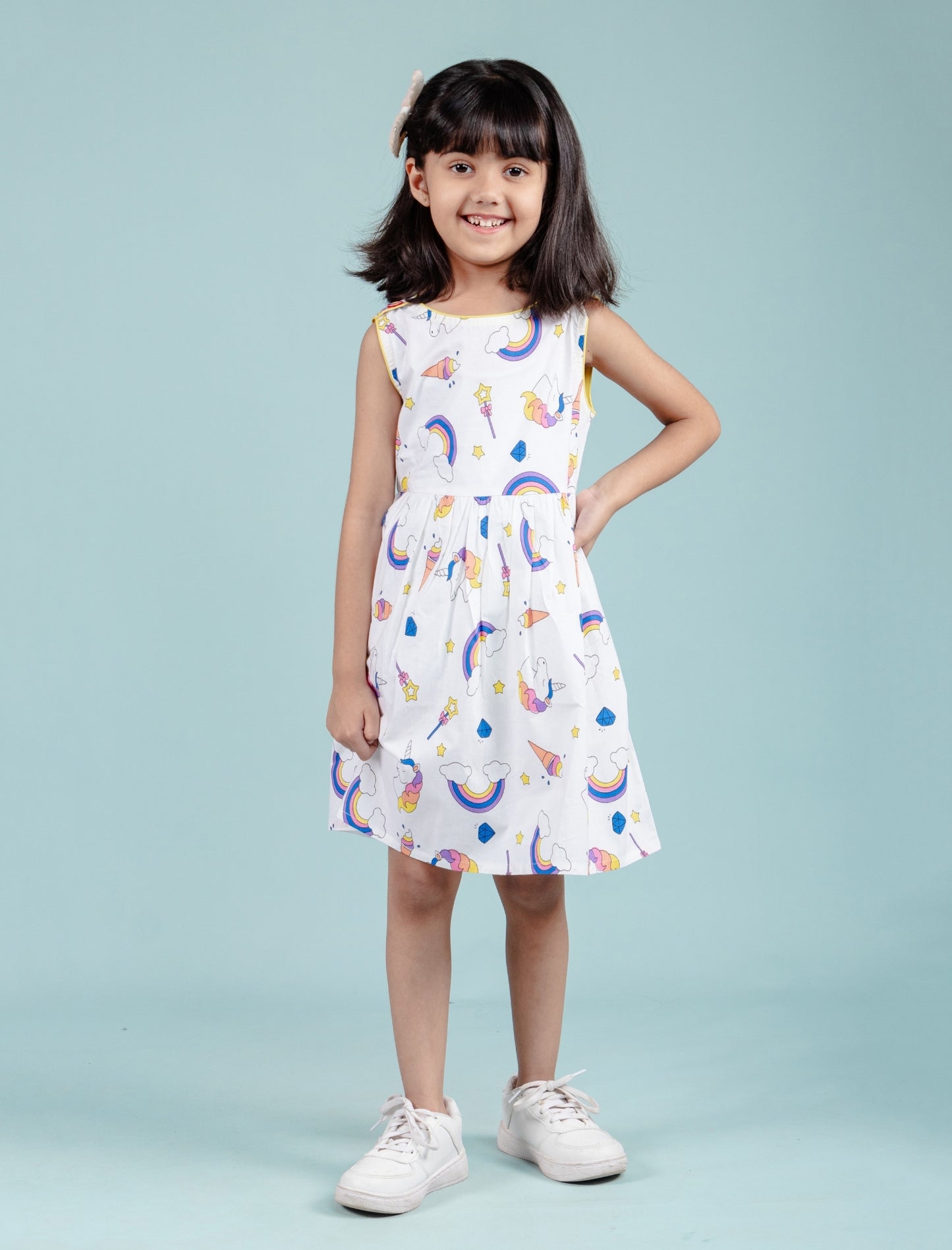 Rainbow & Unicorn Printed Frock for Girls kids (White) - Tweeny Mini