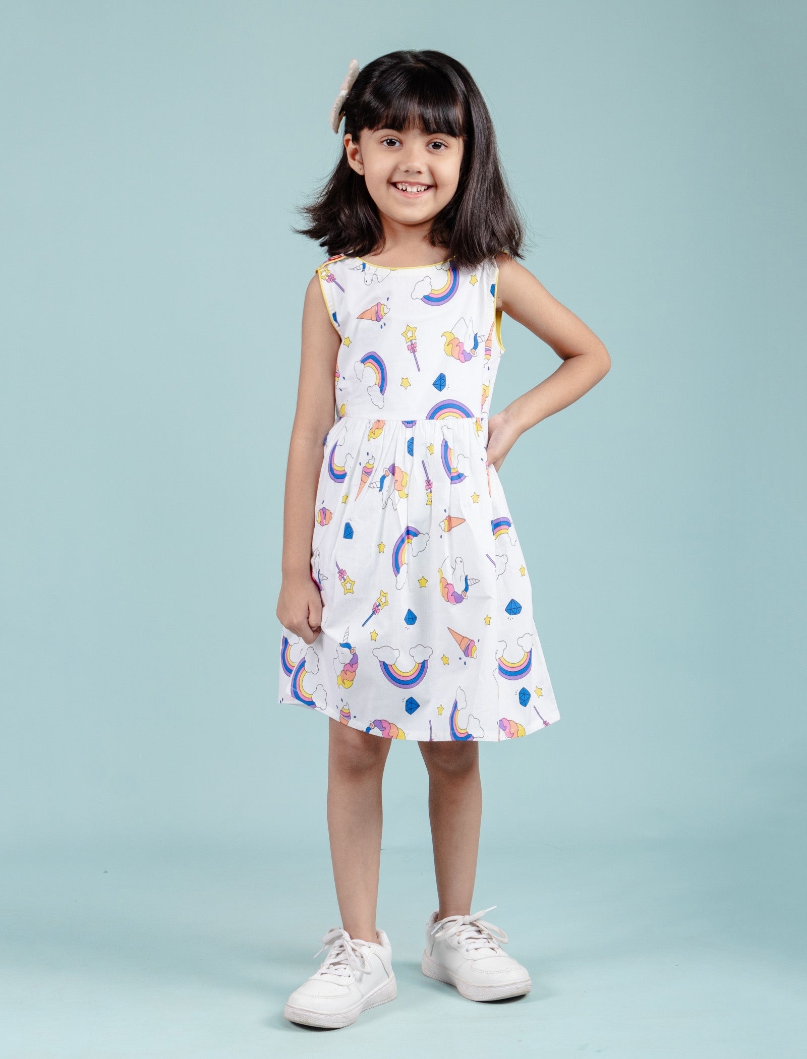 Rainbow & Unicorn Printed Frock for Girls kids (White) - Tweeny Mini