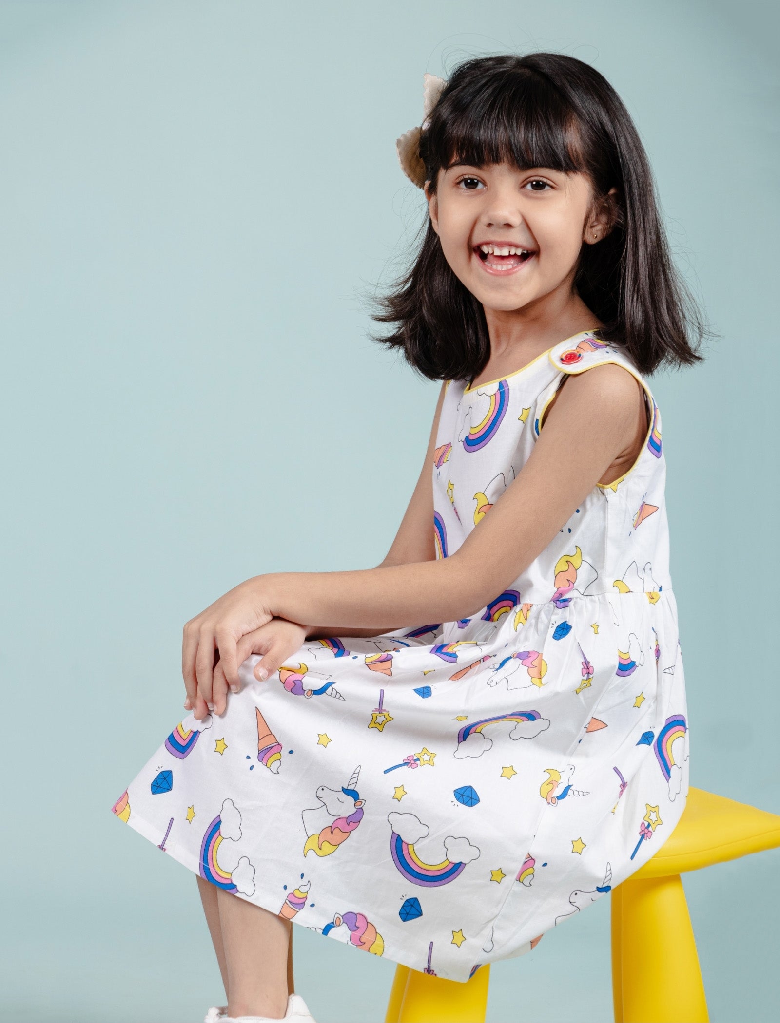 Rainbow & Unicorn Printed Frock for Girls kids (White) - Tweeny Mini