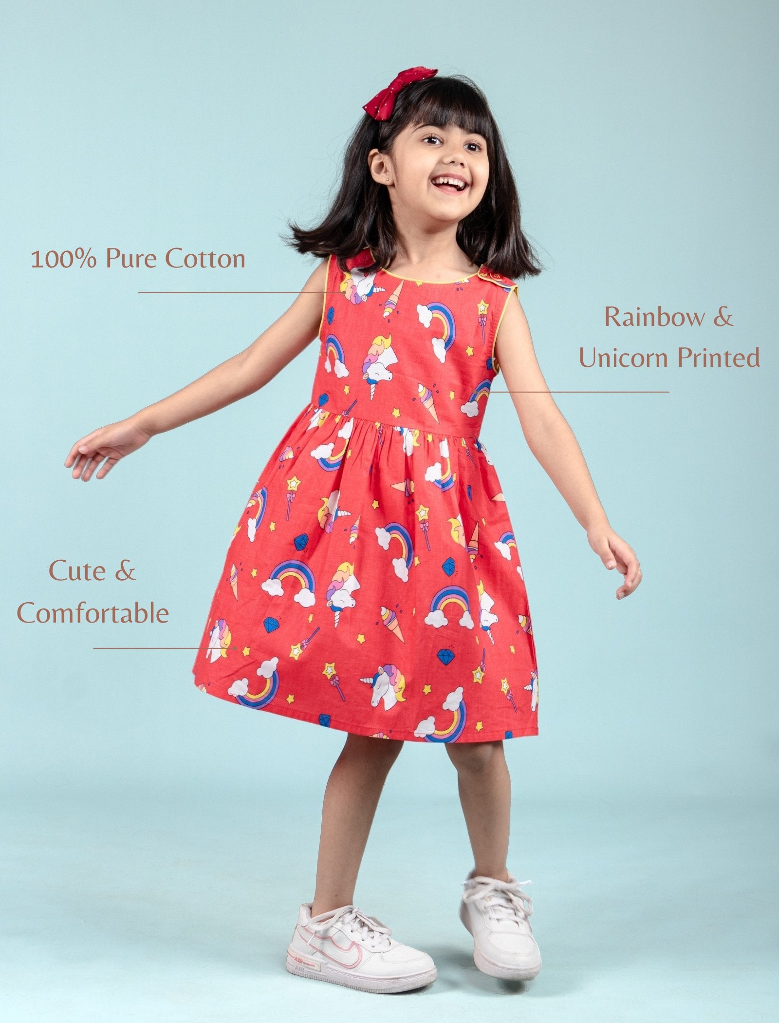 Rainbow & Unicorn Printed Frock for Kids Girls (Red) - Tweeny Mini