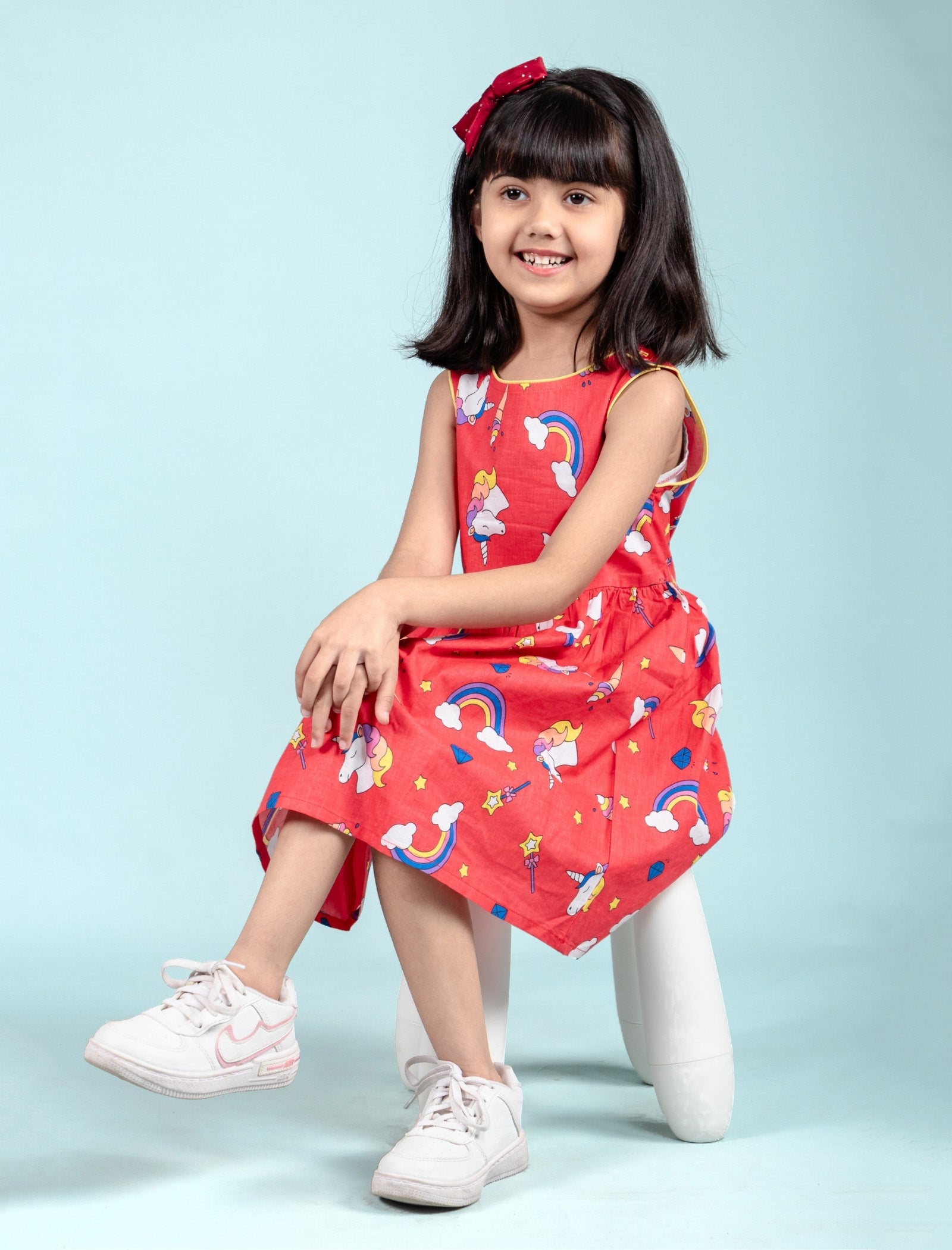 Rainbow & Unicorn Printed Frock for Kids Girls (Red) - Tweeny Mini