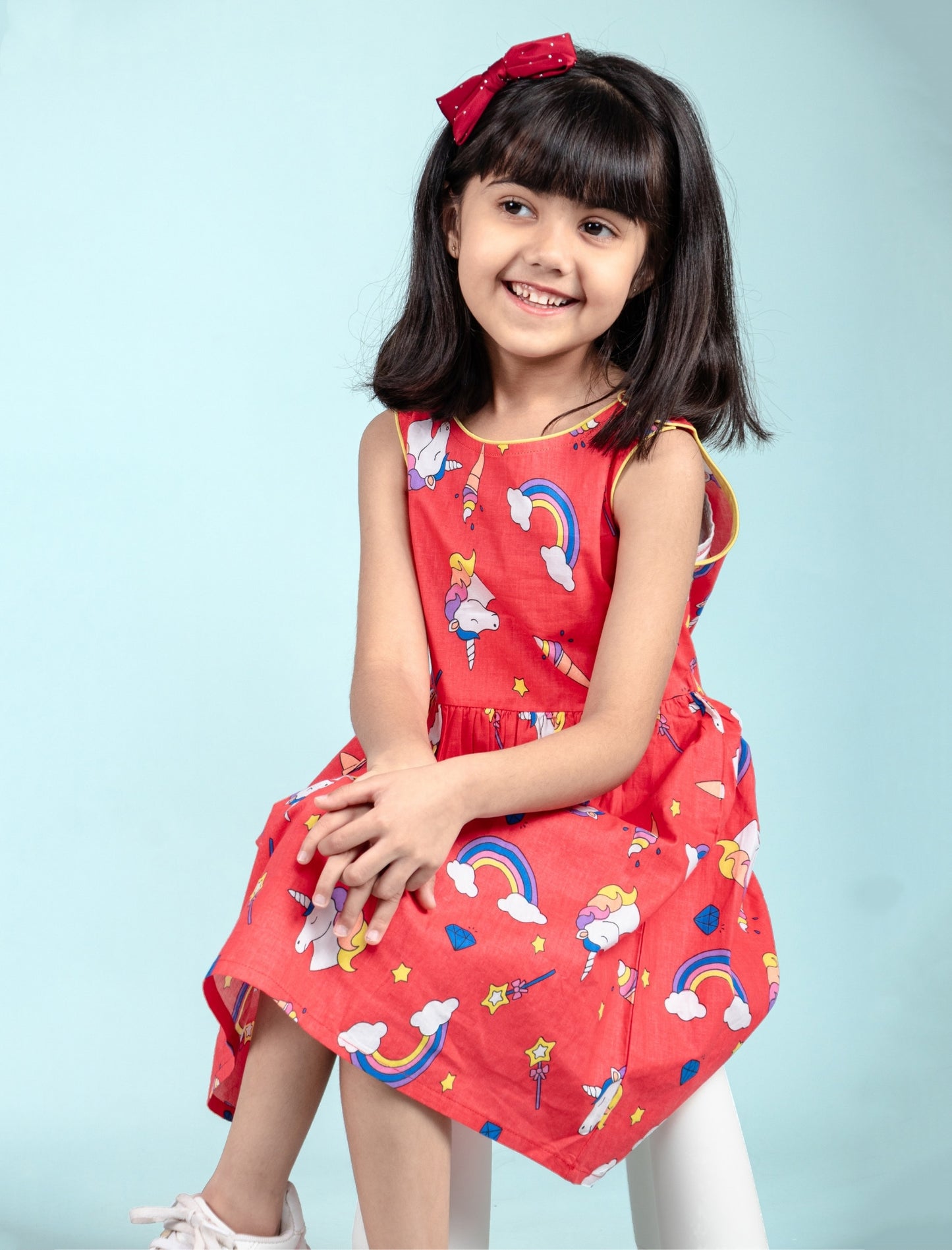 Rainbow & Unicorn Printed Frock for Kids Girls (Red) - Tweeny Mini
