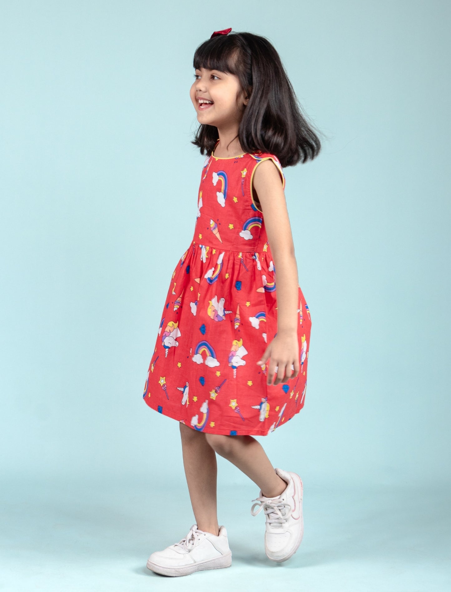Rainbow & Unicorn Printed Frock for Kids Girls (Red) - Tweeny Mini