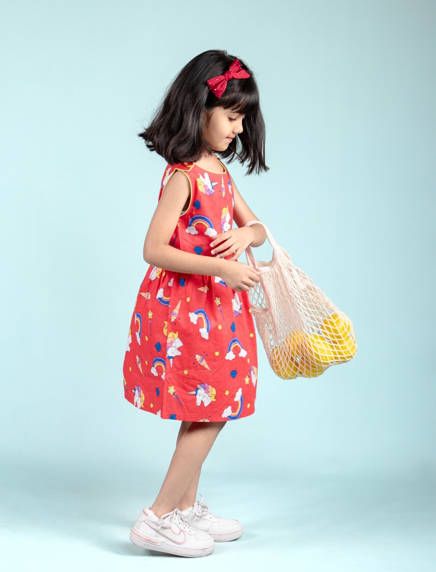 Rainbow & Unicorn Printed Frock for Kids Girls (Red) - Tweeny Mini