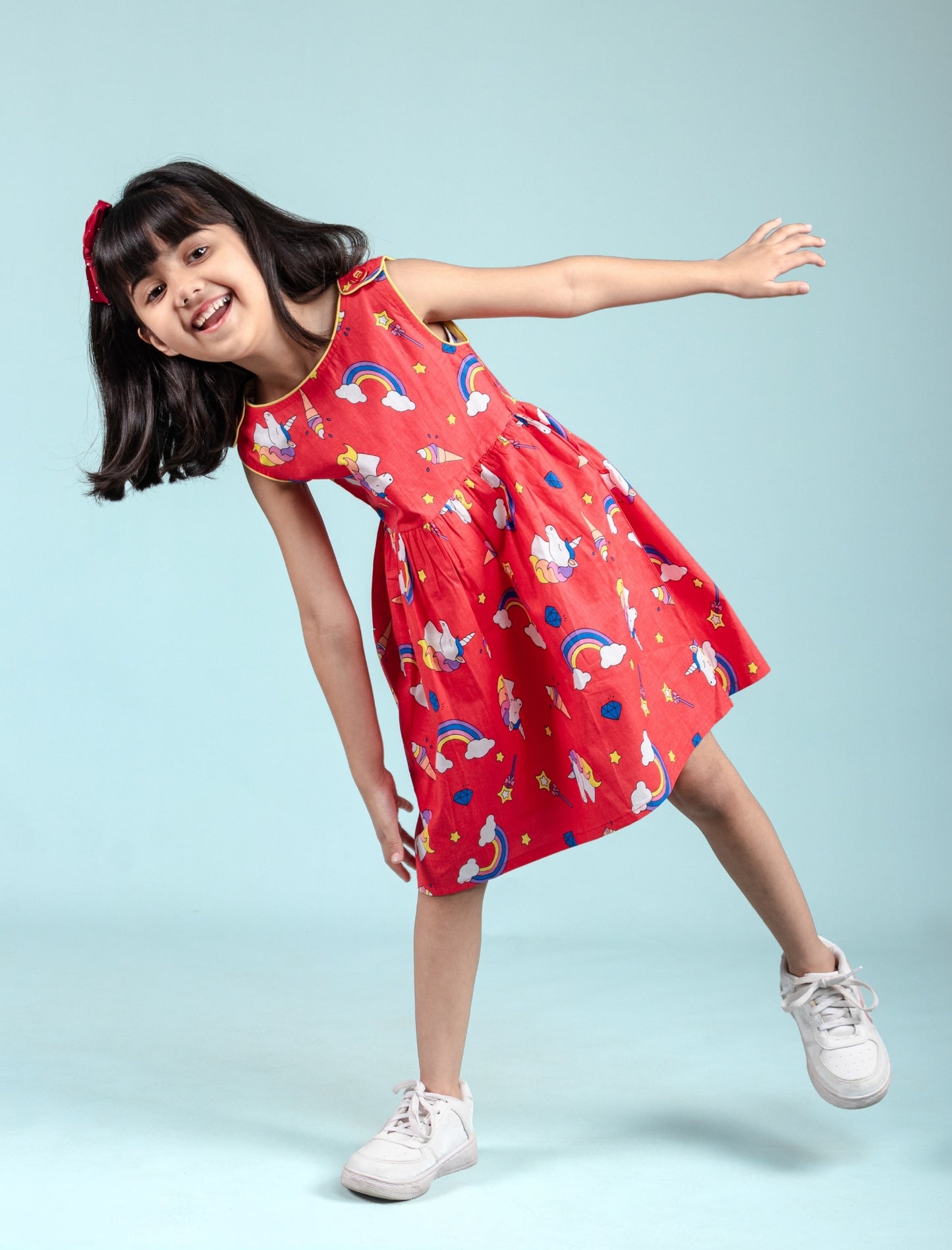 Rainbow & Unicorn Printed Frock for Kids Girls (Red) - Tweeny Mini