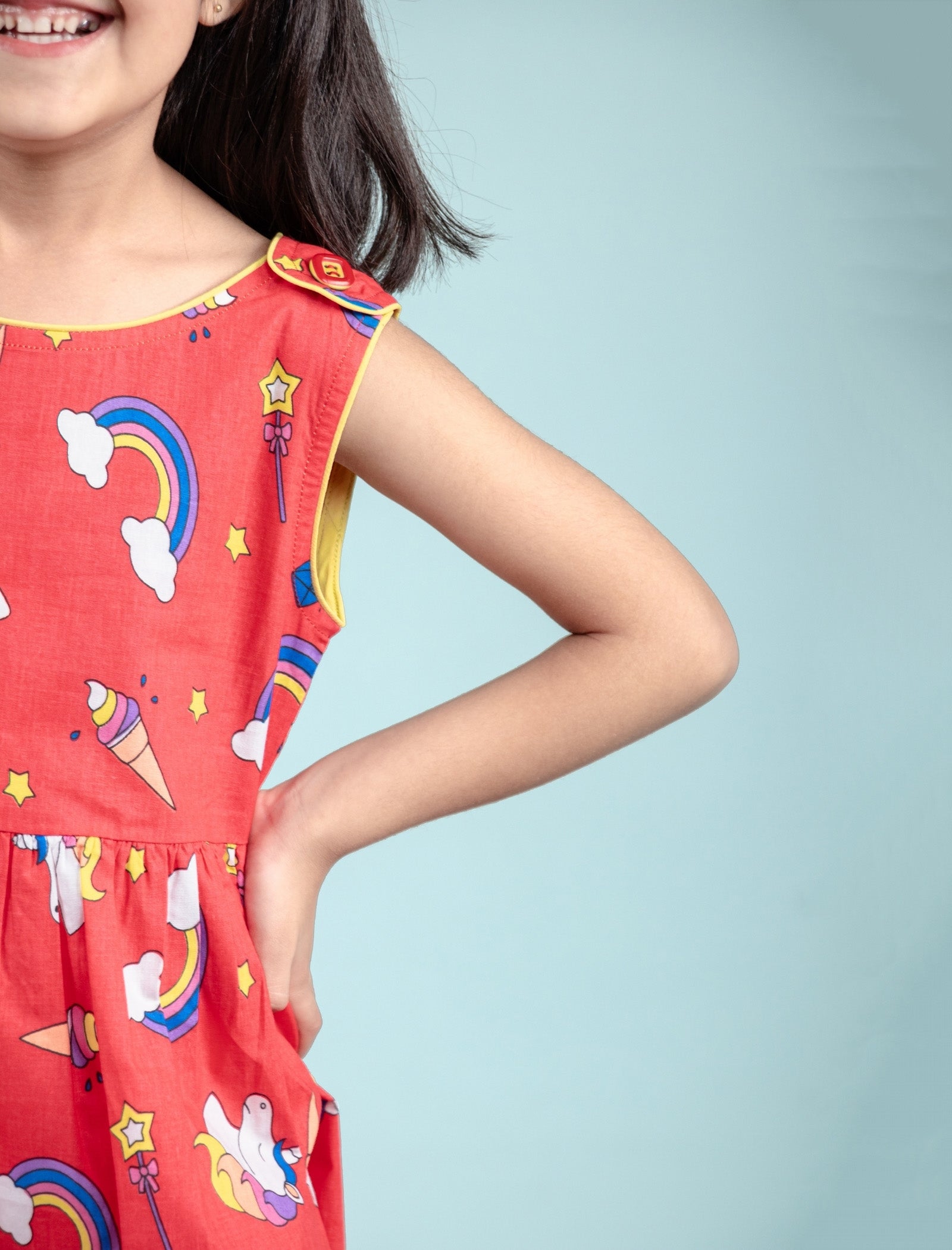 Rainbow & Unicorn Printed Frock for Kids Girls (Red) - Tweeny Mini