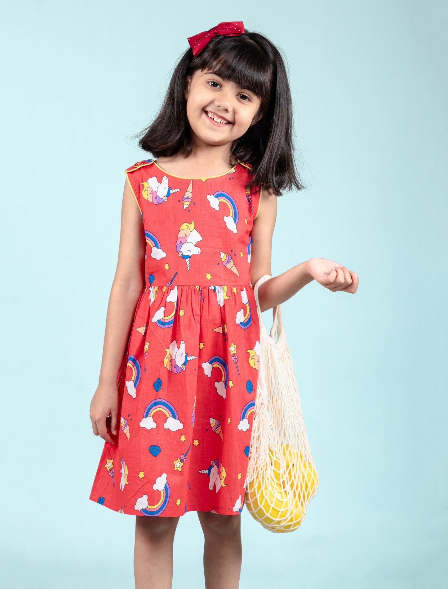 Rainbow & Unicorn Printed Frock for Kids Girls (Red) - Tweeny Mini