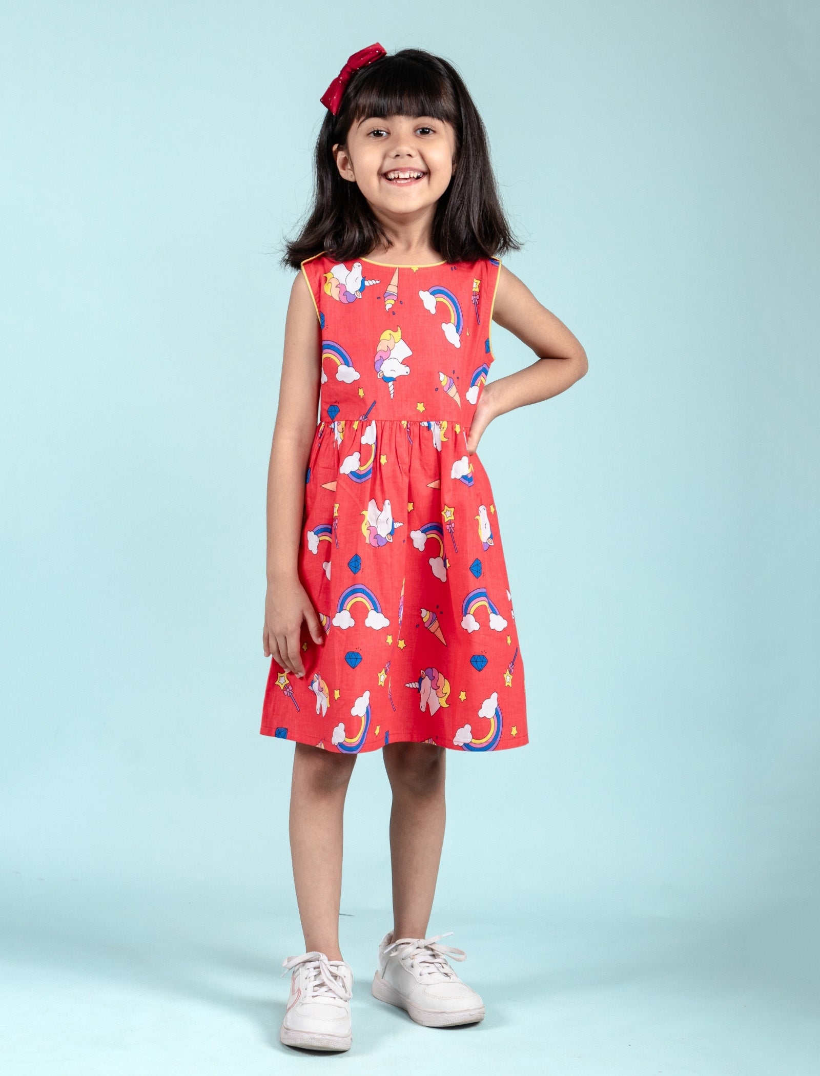 Rainbow & Unicorn Printed Frock for Kids Girls (Red) - Tweeny Mini