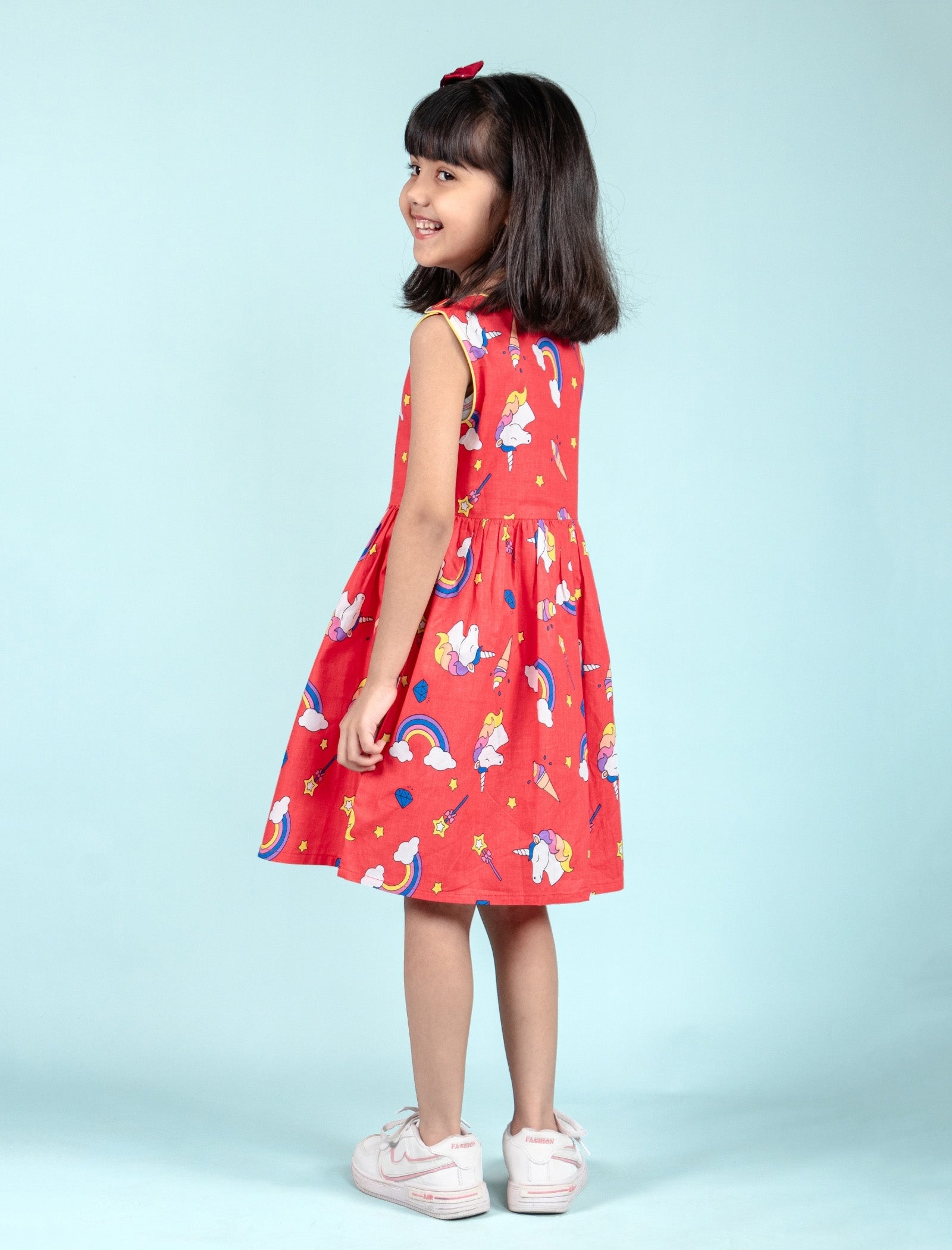 Rainbow & Unicorn Printed Frock for Kids Girls (Red) - Tweeny Mini