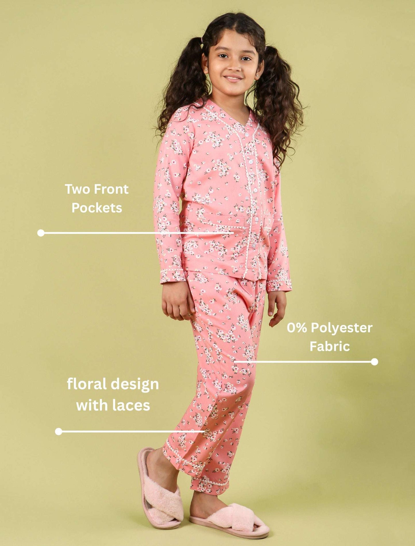 Pure Rayon Floral Full Sleeve Night Suit for Girls Kids (Full Sleeve, Peach) - Tweeny Mini
