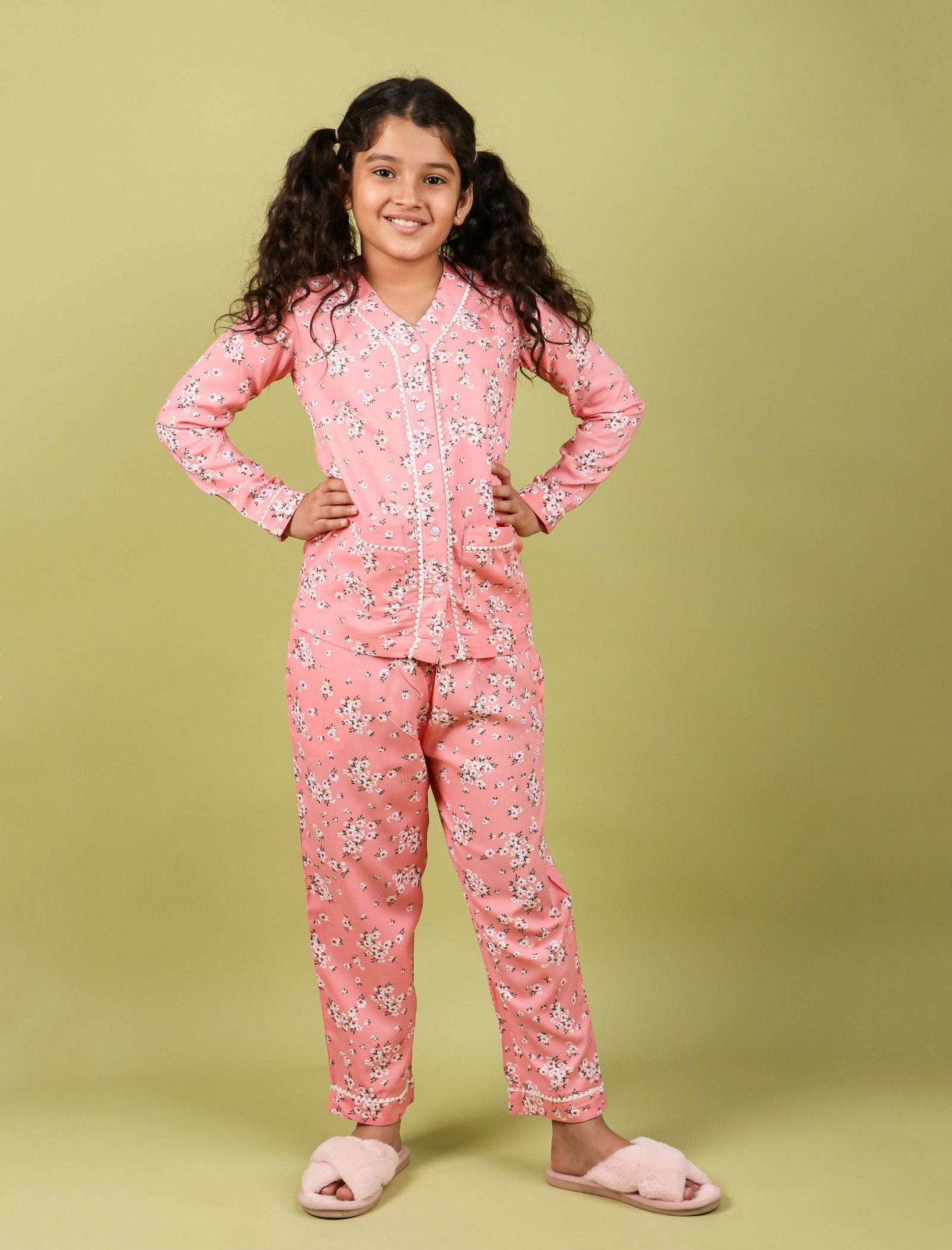 Pure Rayon Floral Full Sleeve Night Suit for Girls Kids (Full Sleeve, Peach) - Tweeny Mini