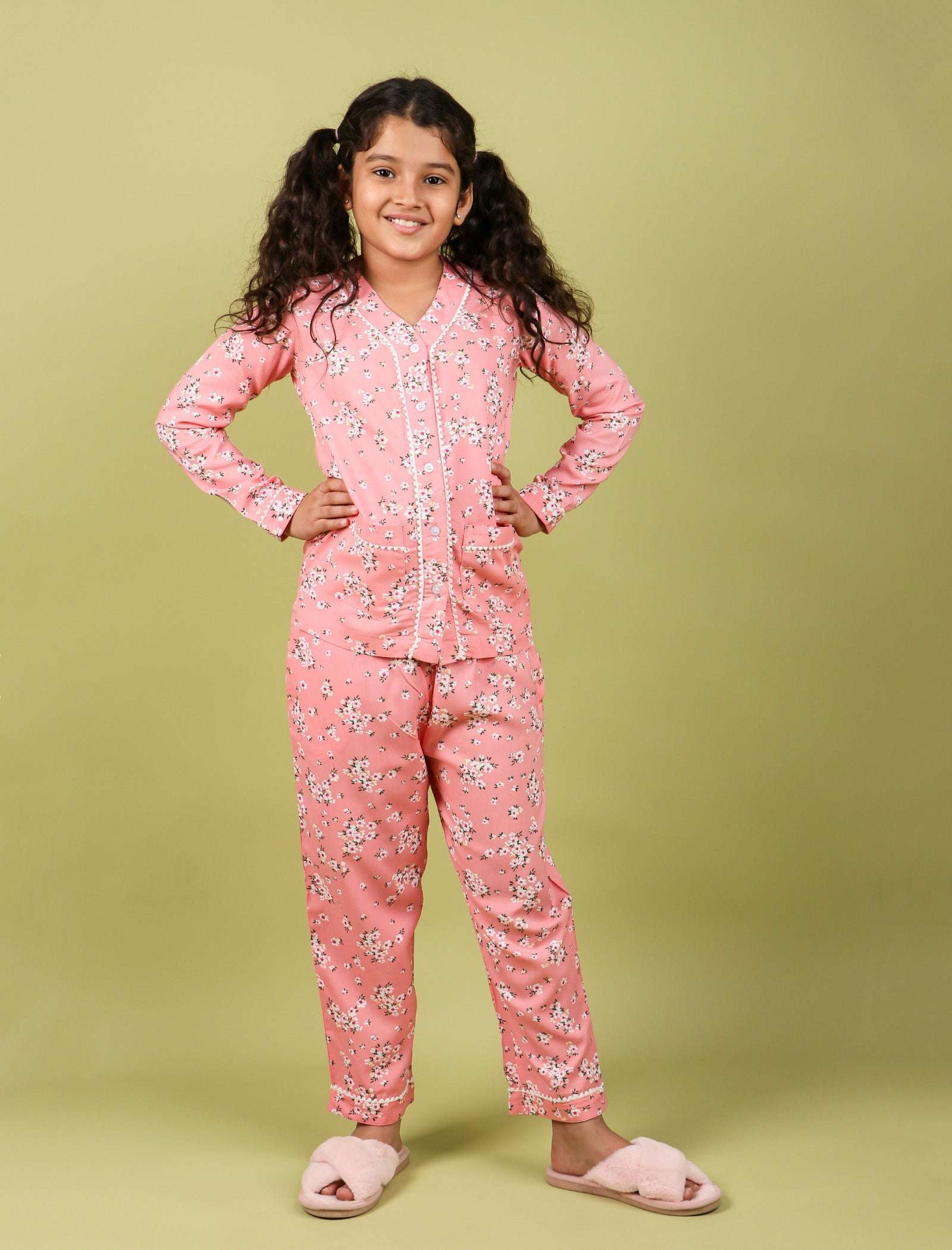 Pure Rayon Floral Full Sleeve Night Suit for Girls Kids (Full Sleeve, Peach) - Tweeny Mini