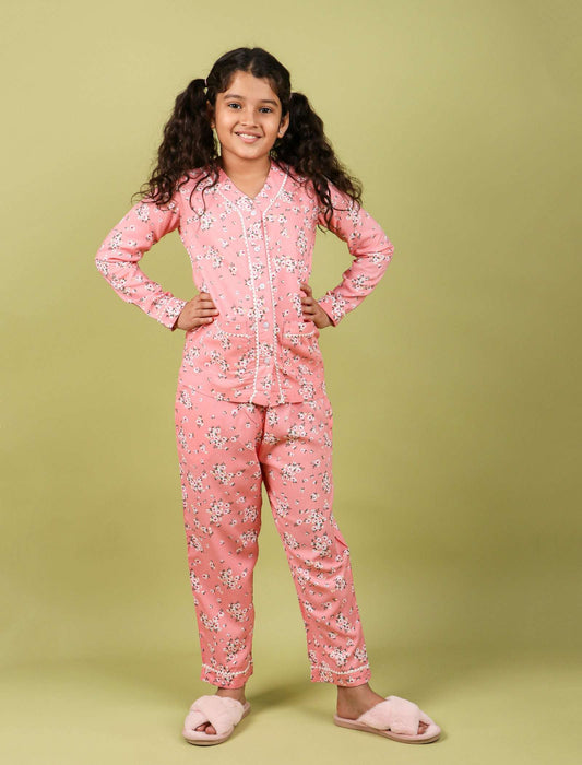 Pure Rayon Floral Full Sleeve Night Suit for Girls Kids (Full Sleeve, Peach) - Tweeny Mini