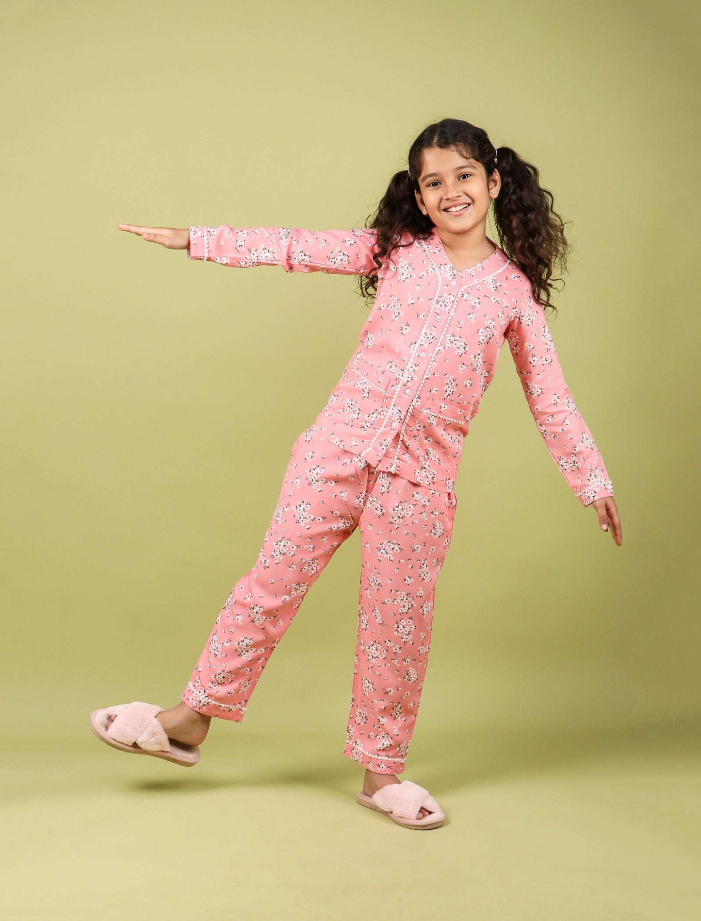 Pure Rayon Floral Full Sleeve Night Suit for Girls Kids (Full Sleeve, Peach) - Tweeny Mini