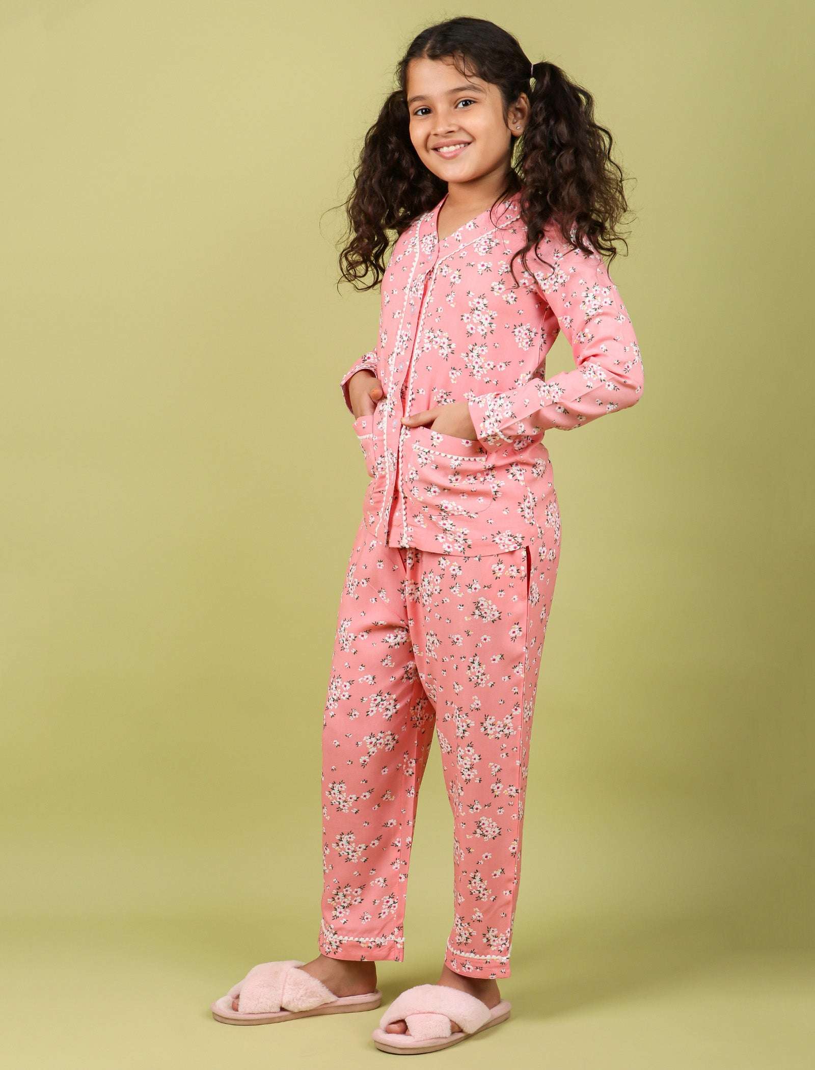 Pure Rayon Floral Full Sleeve Night Suit for Girls Kids (Full Sleeve, Peach) - Tweeny Mini