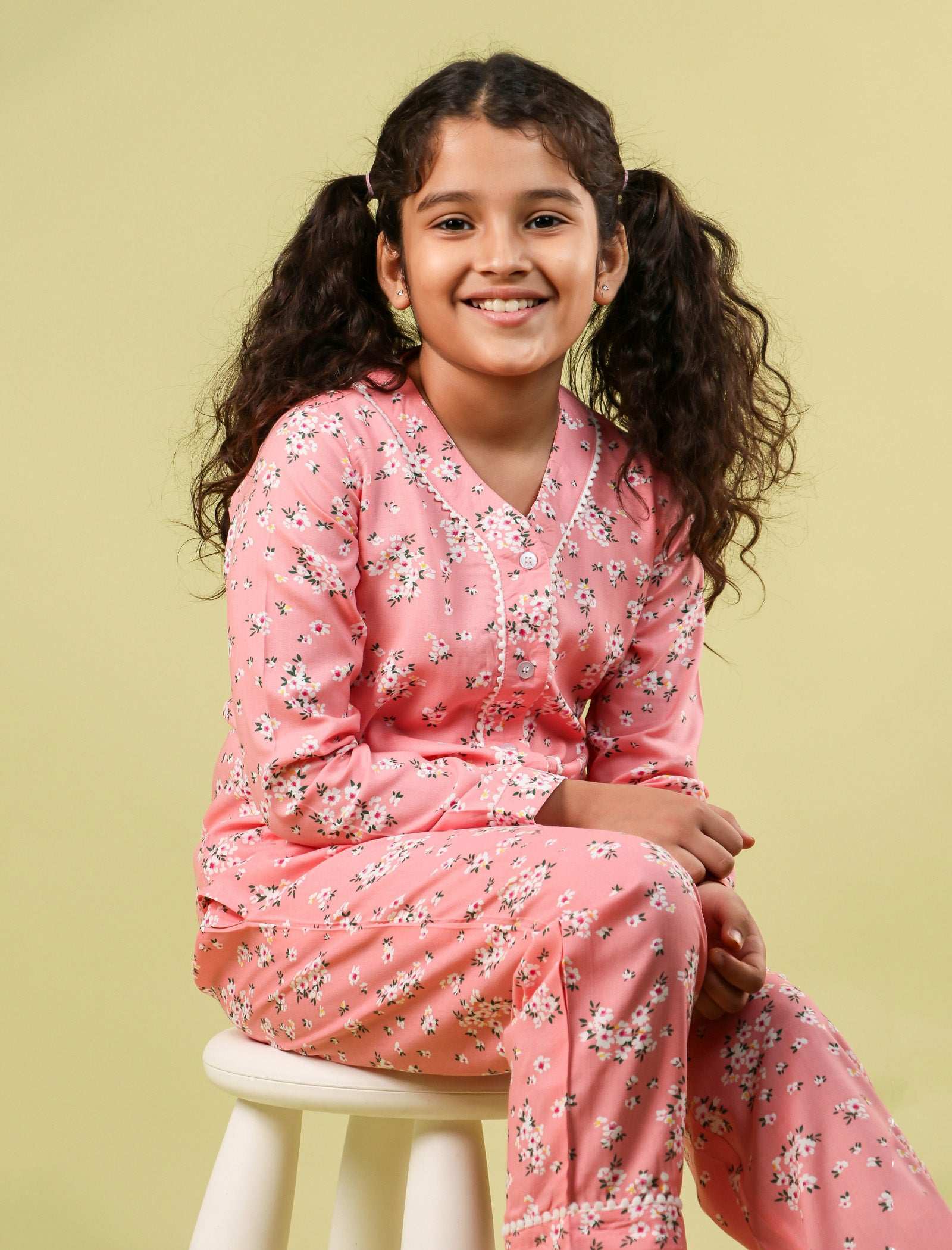 Pure Rayon Floral Full Sleeve Night Suit for Girls Kids (Full Sleeve, Peach) - Tweeny Mini