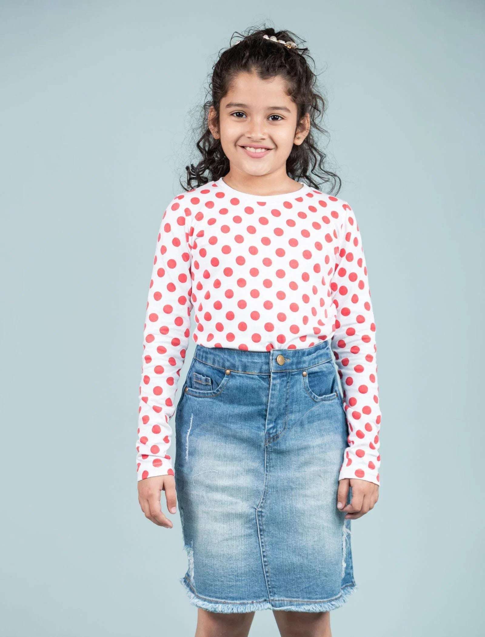 Hand Printed Pure Cotton Full Sleeve T-Shirt for Girls Kids (Red Polka Dot) - Tweeny Mini