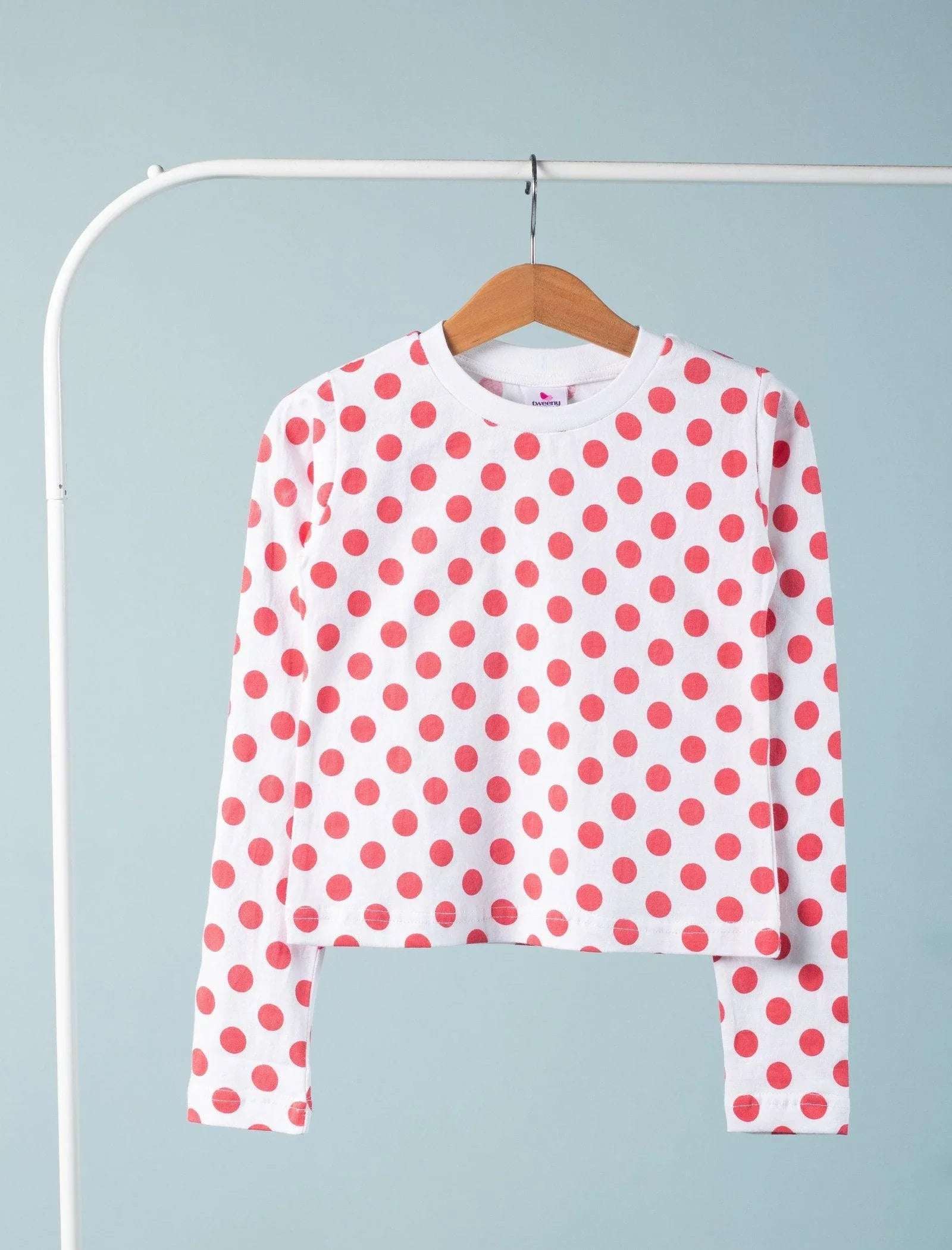 Hand Printed Pure Cotton Full Sleeve T-Shirt for Girls Kids (Red Polka Dot) - Tweeny Mini