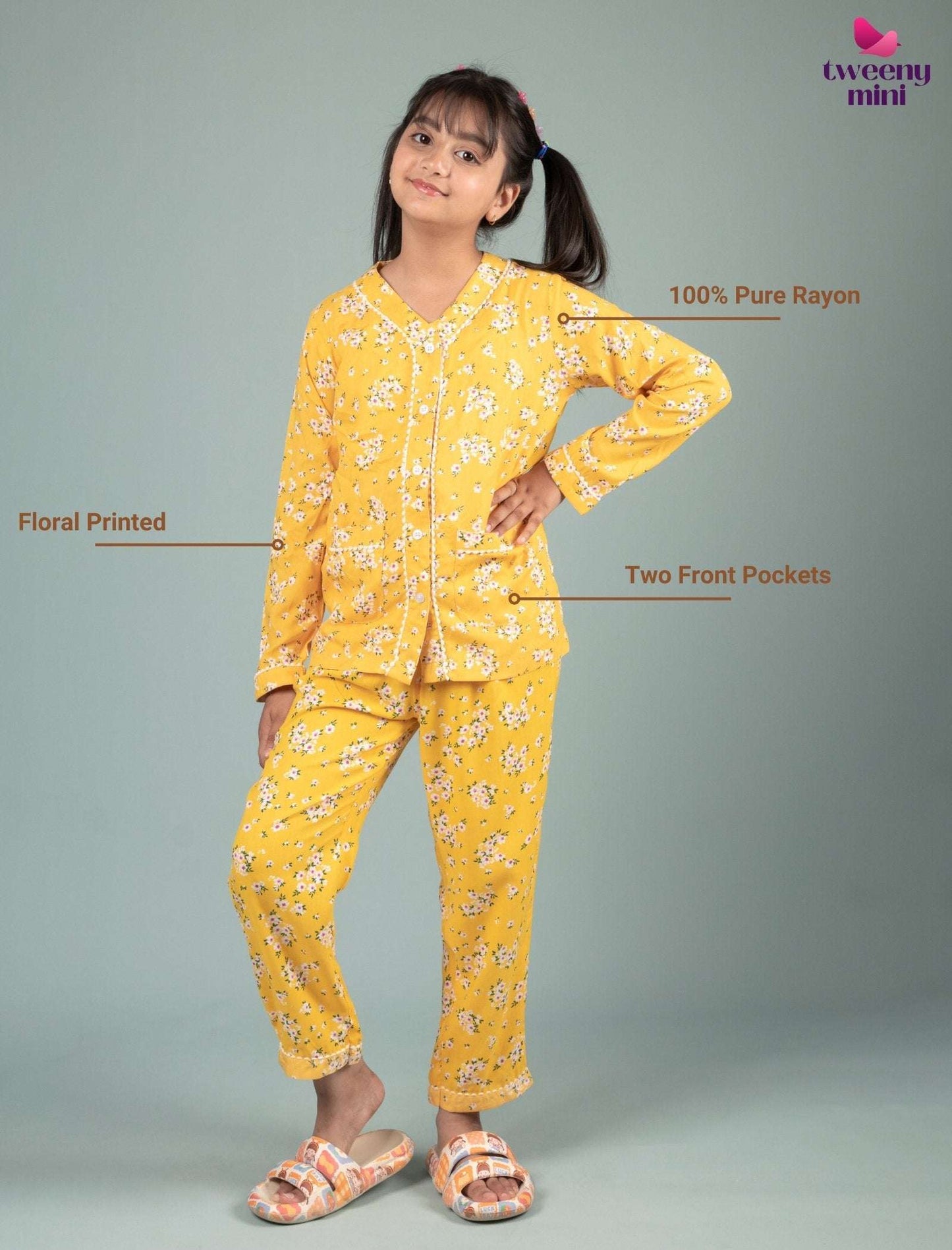 Pure Rayon Girls Kids Floral Night Dress (Full Sleeves, Yellow) - Tweeny Mini