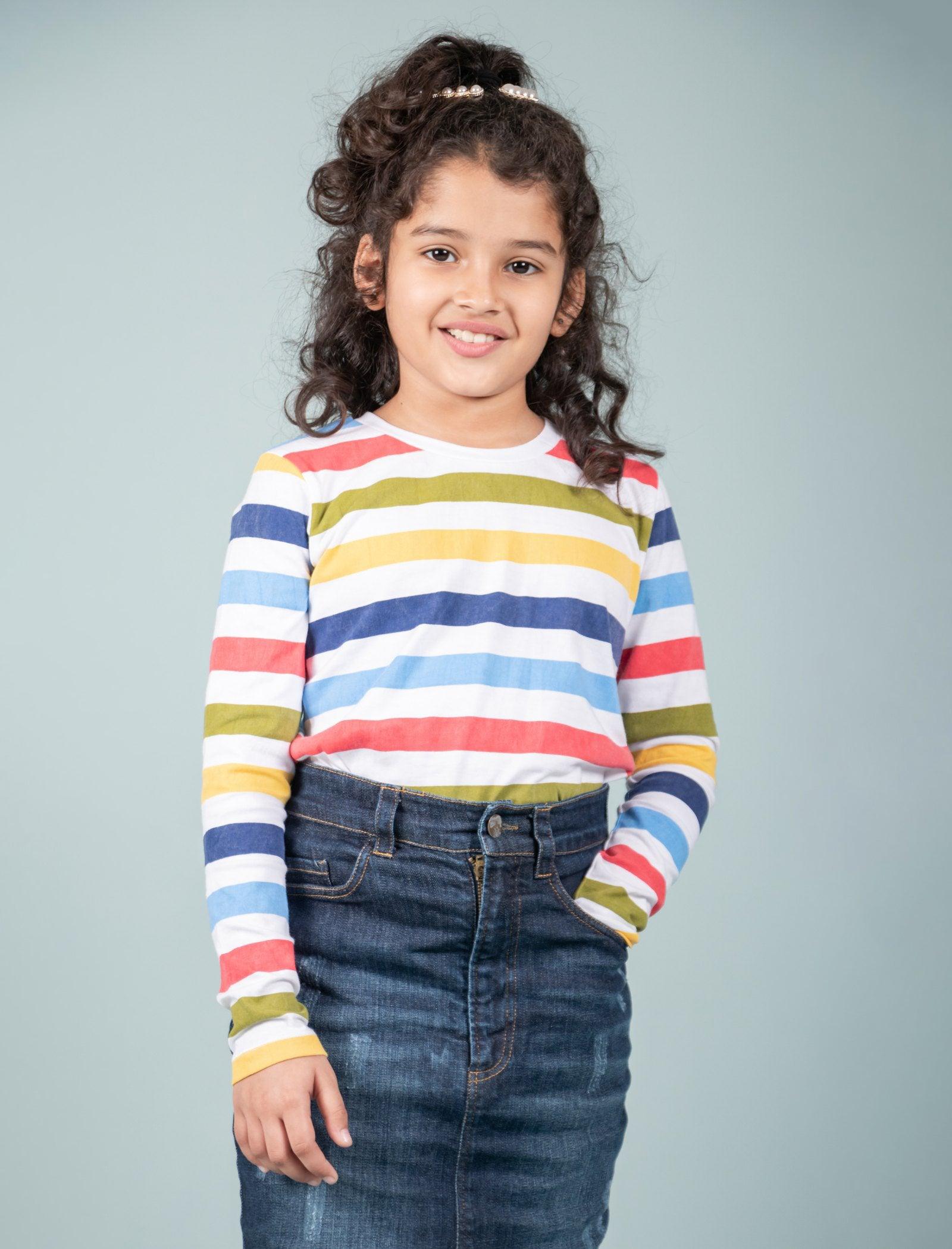 Hand Printed Full Sleeve Cotton T-Shirt for Girls Kids (Multi Stripe) - Tweeny Mini