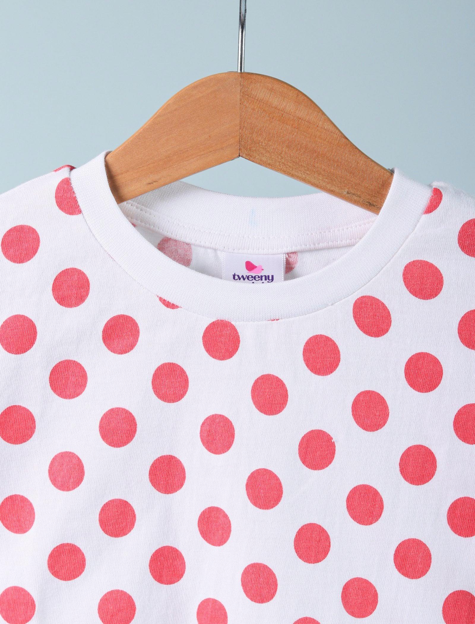 Hand Printed Pure Cotton Full Sleeve T-Shirt for Girls Kids (Red Polka Dot) - Tweeny Mini