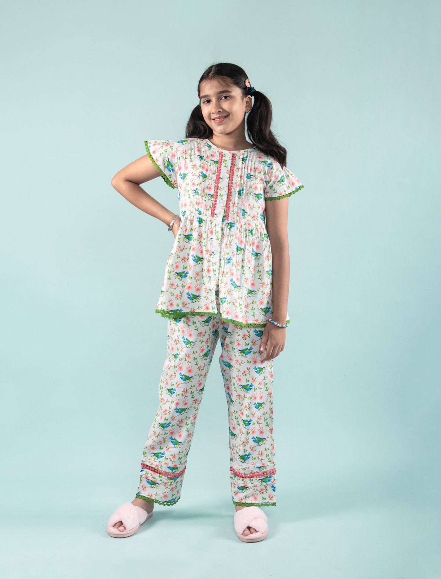 Bird Printed Girls Cotton Nightsuit with Eye Mask (Green) - Tweeny Mini